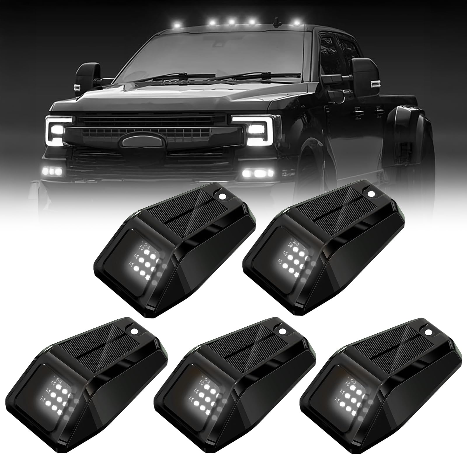 ALDST Solar Wireless Truck Cab Roof Lights, 5PCS Ultra-Bright LED, Motion Vibration Sensor, IP67, White, Model SCL02