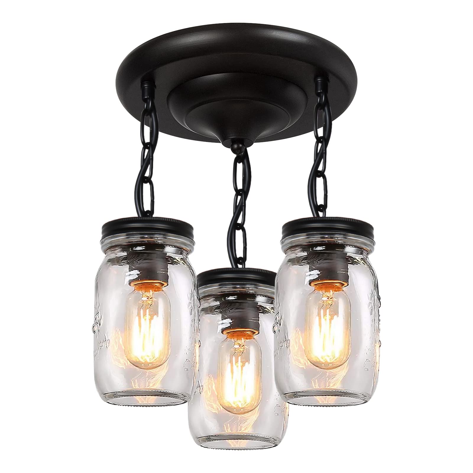PUZHI HOME Mason Jar Pendant Light, 3-Light Chandelier for Kitchen Island, Black, Model 30