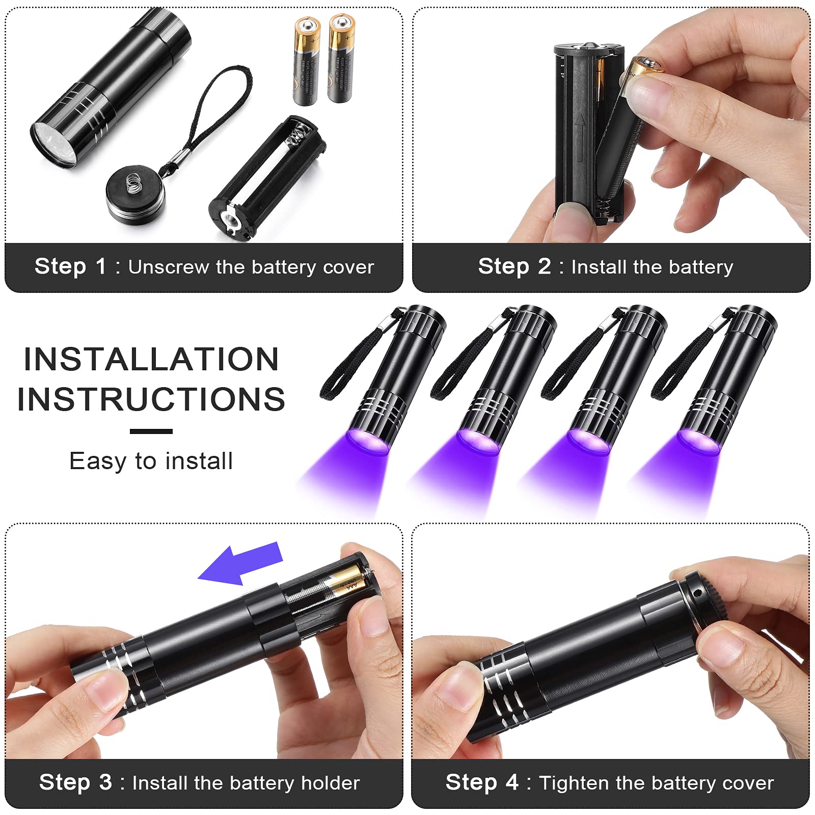Riakrum 12-Piece Mini Blacklight Flashlight Set, 395nm UV LED, Portable Black Aluminum, Model Riakrum-Light-91