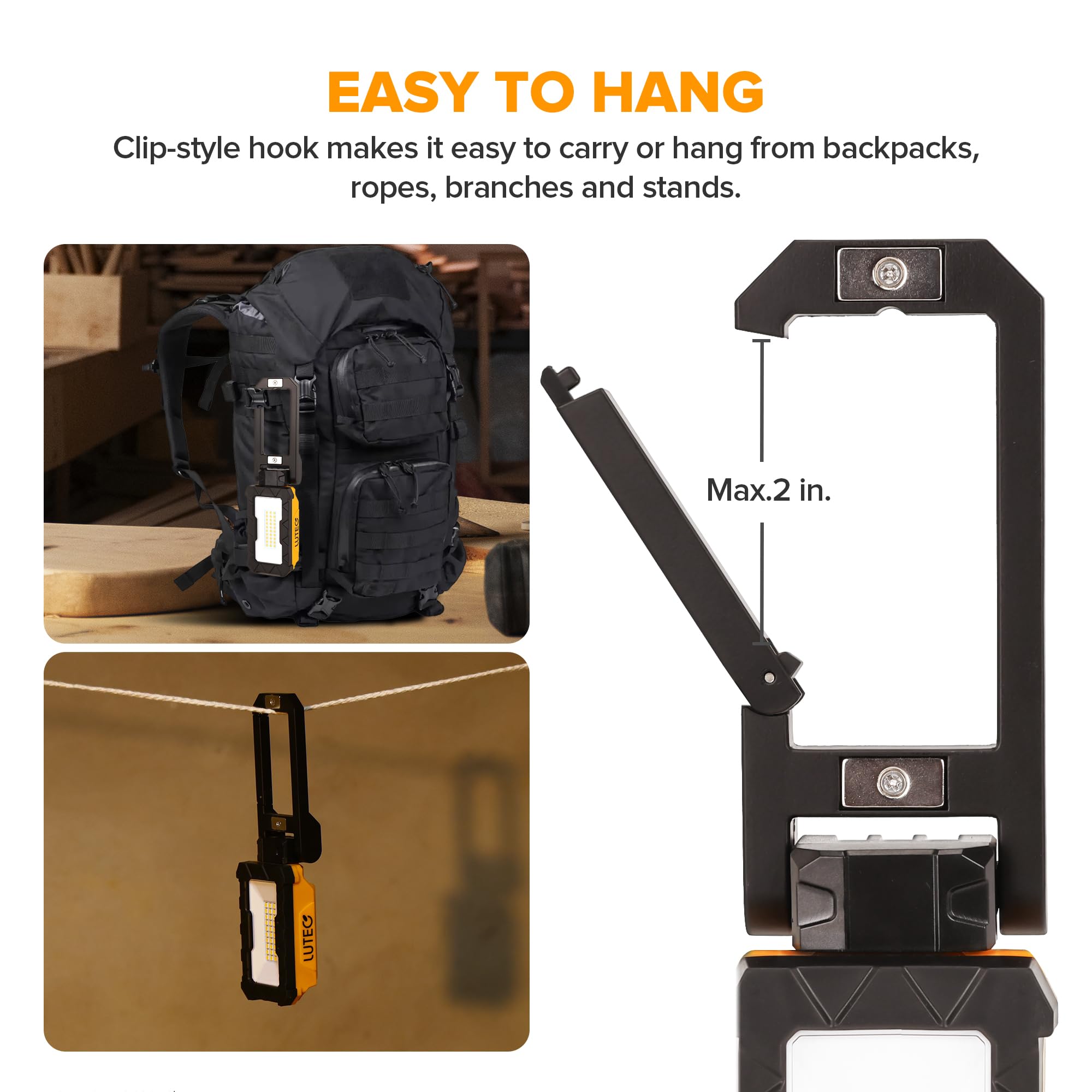 LUTEC Rechargeable Work Light, 1000 Lumens LED, Magnetic Base, 360° Rotate, 200° Swivel, Orange, Ideal for Car Repair and Camping