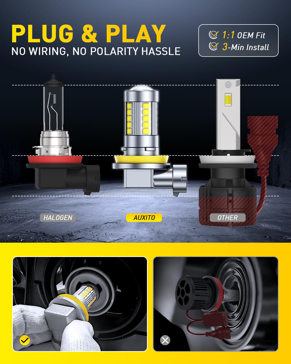 AUXITO H11 H8 LED Fog Light Bulbs 6500K White High Brightness Non-Polarity Pack of 2