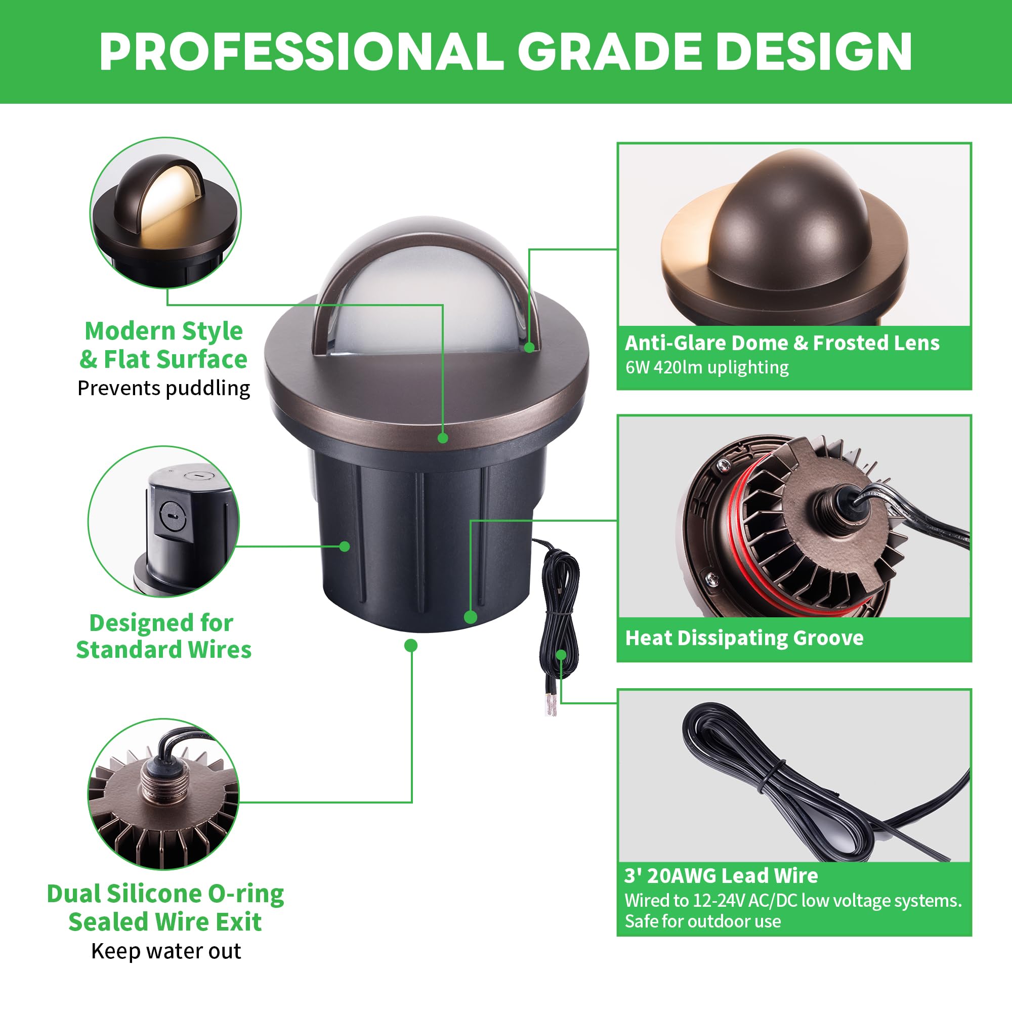 Varmtalys LED Well Light - 12V IP67 Waterproof, 6W 420LM, Oil Bronze, 4 Pack