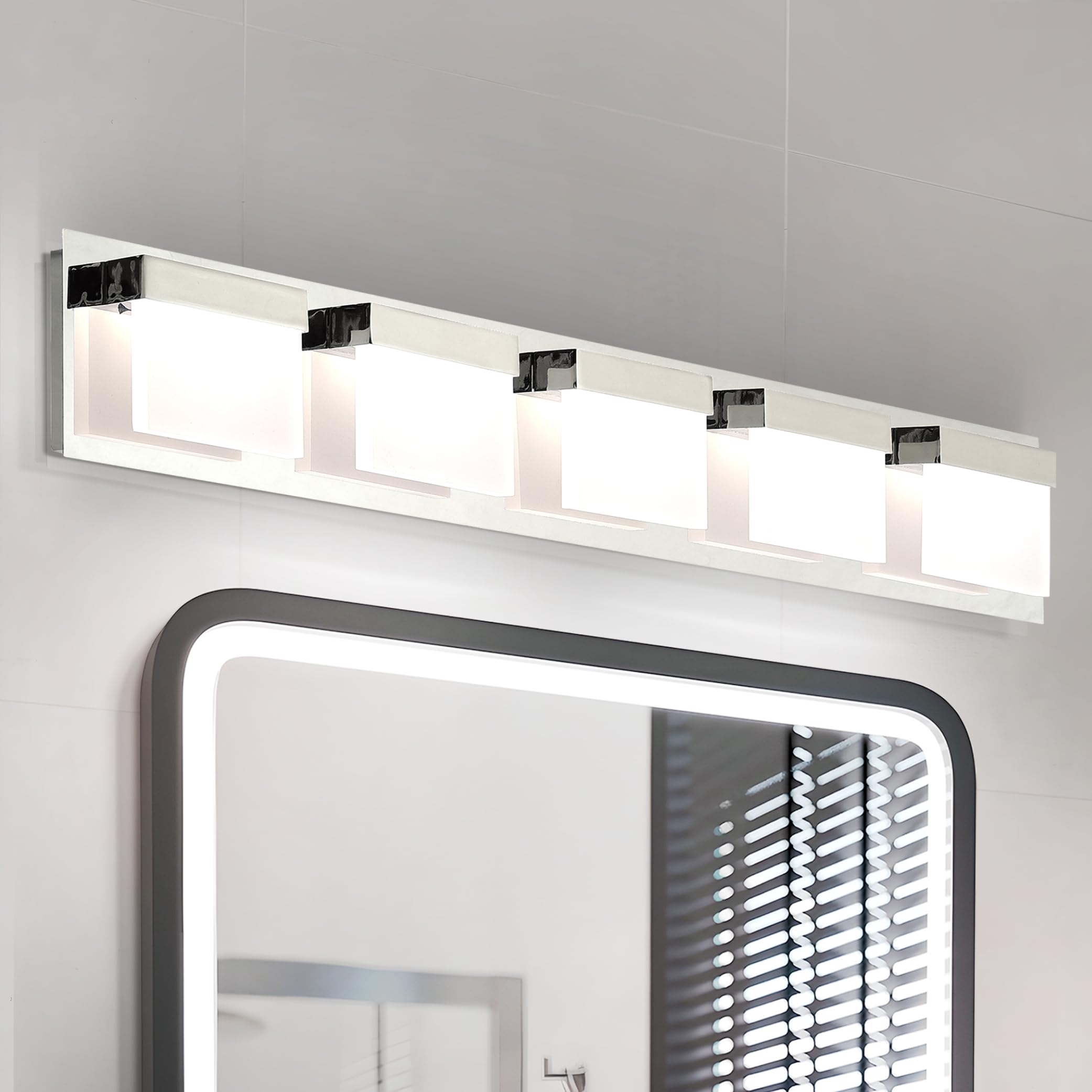 ASD LED Bathroom Vanity Light Fixture, 5-Lights, Dimmable, 28W 1600LM, Chrome, Model A-LVF24M-5D28CC-CH