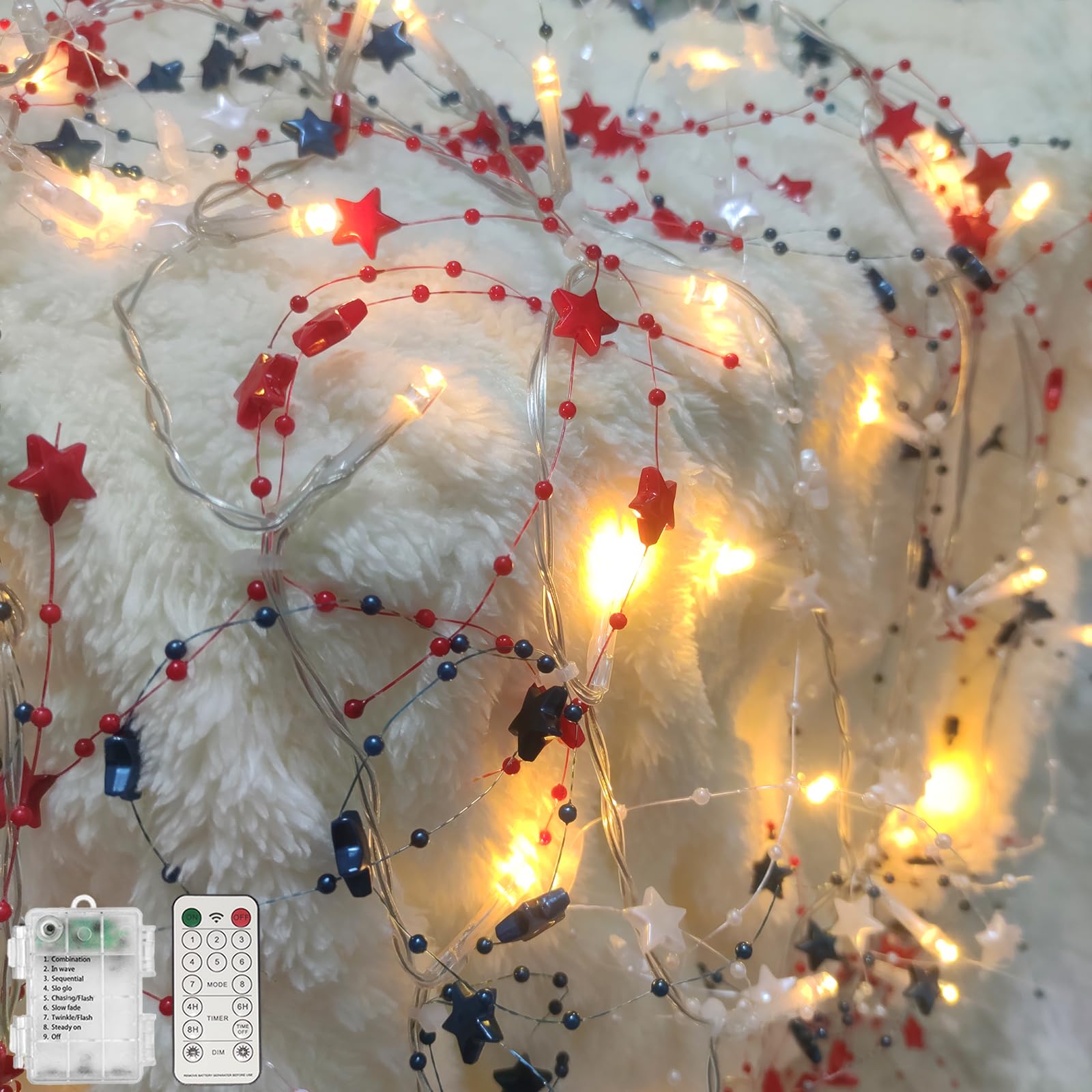 Fonusty Red White Blue Star Garland with Lights  14Ft 40 LED Patriotic Fairy Lights Battery Operated with Timer  4th of July Christmas Garland Light for Memorial Day Independence Day Xmas Decor