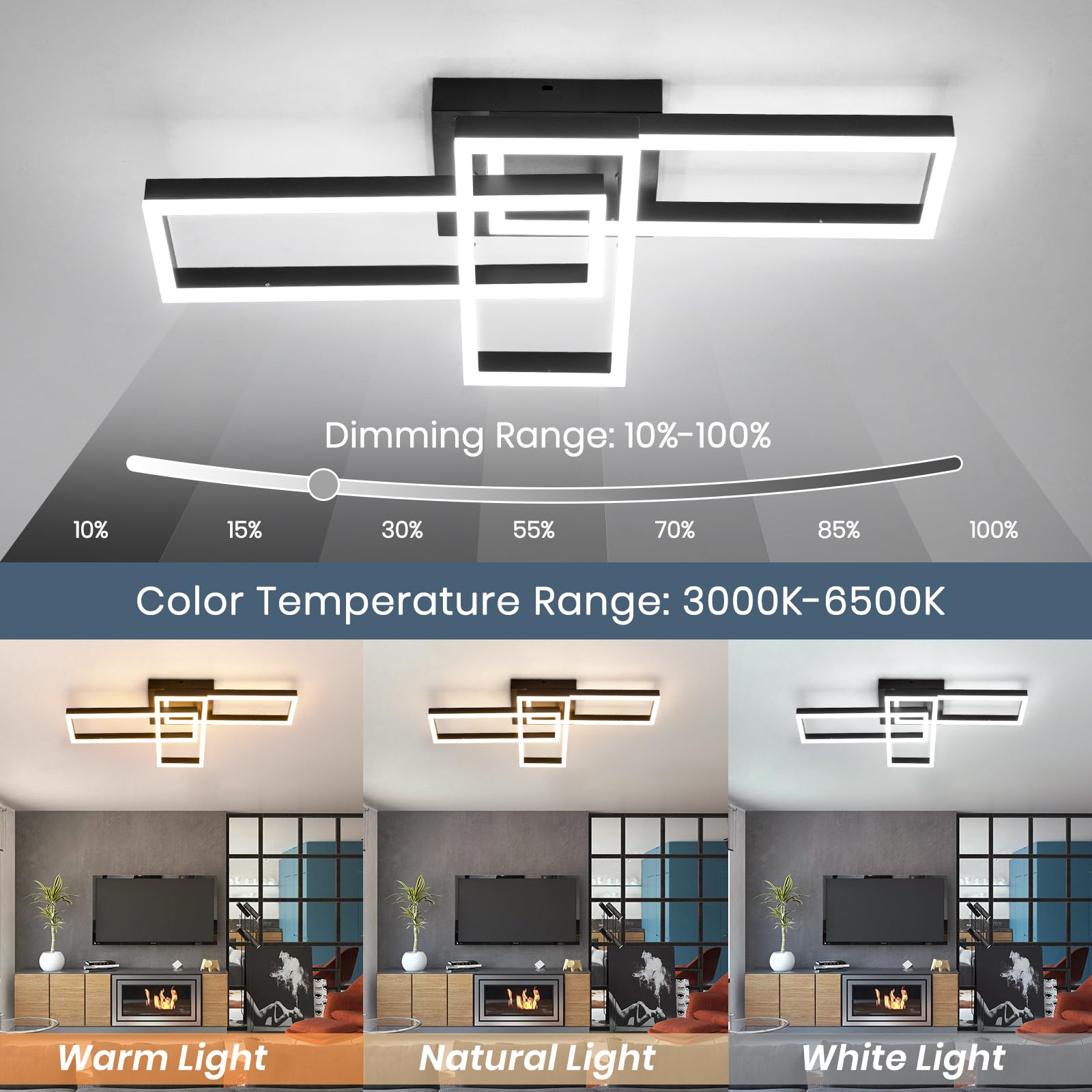 EIDISUNY Modern LED Ceiling Light Fixture, Dimmable 40W, Black 3 Square, Remote Control & APP, Model CL-3CFBKYX-D-2985