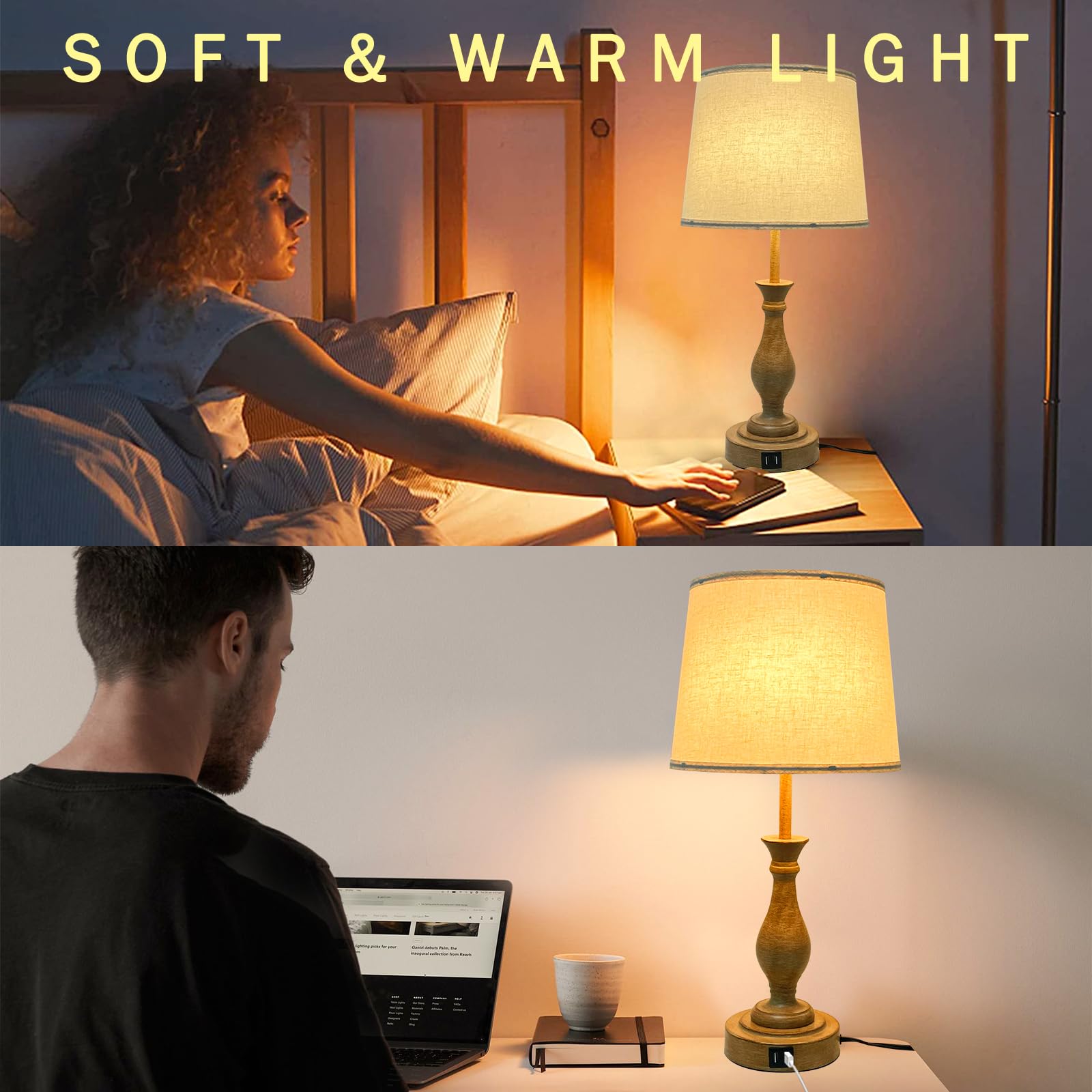 Farmhouse Table Lamp Touch Control 3-Way Dimmable Table Lamp, Modern Nightstand Lamp With 2 Usb Port Bedside Desk Lamp With Fabr