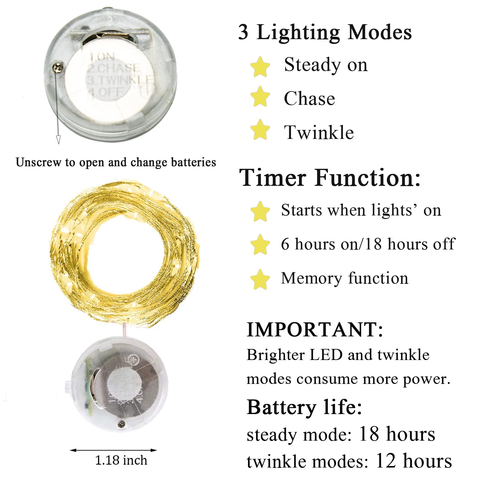 Twinkle Fairy Lights Battery Powered 3 Modes With Timer Firefly Lights 20 Led On 7.2Feet Silvery Copper Wire For Diy Wedding Party Christmas Halloween Centerpiece Decorations 15 Pack (Warm White)