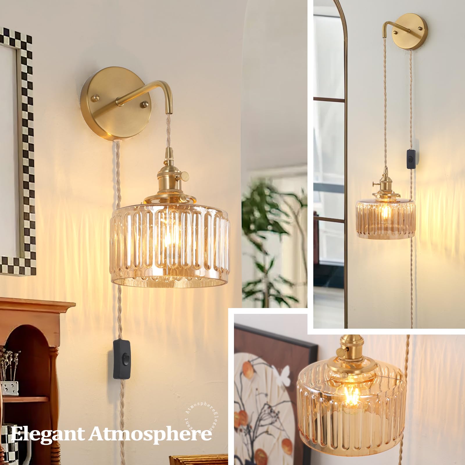 Shenmoyl Vintage Wall Sconce Lamp, Amber Striped Glass Shade, Plug in 4.9FT Cord, Brass, Model 1-9390