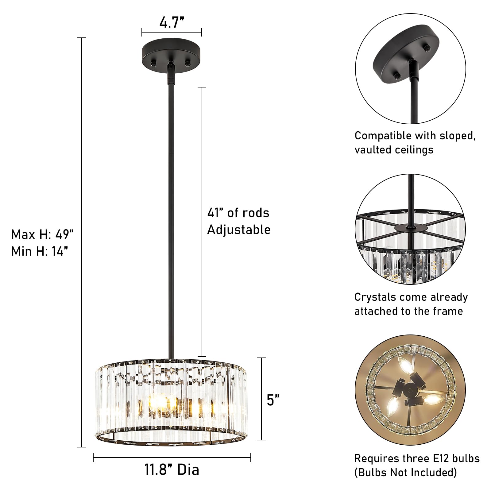 Yurnyq Black Crystal Chandelier, Small Modern Semi Flush Mount Ceiling Chandelier Light Fixtures, Round Hanging Lighting Fixture
