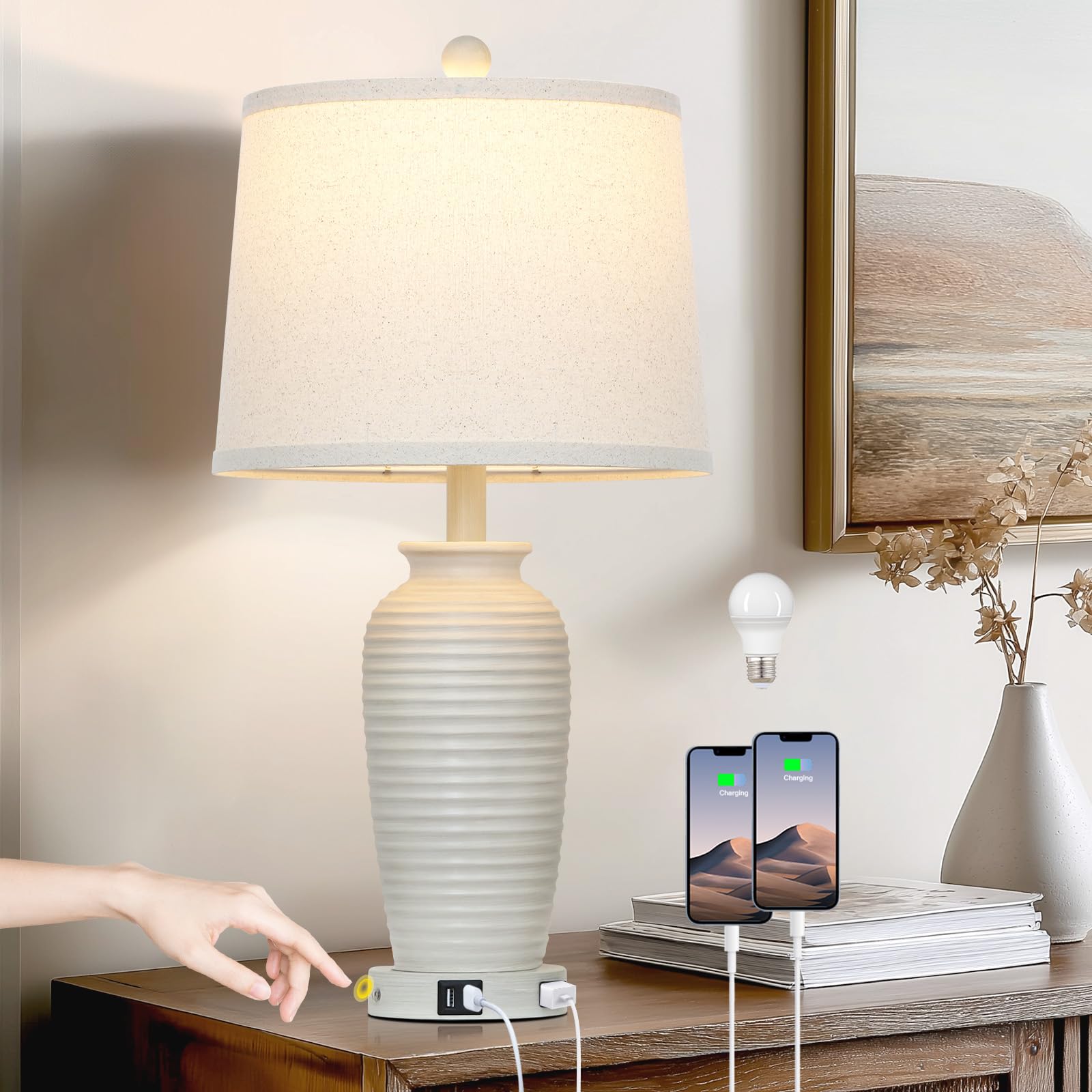 CINSARY 25 Vintage Farmhouse Jar Table Lamps, Single Rustic Bedside Lamp with USB A+C Ports & AC Outlet, Nightstand Lamps for Li