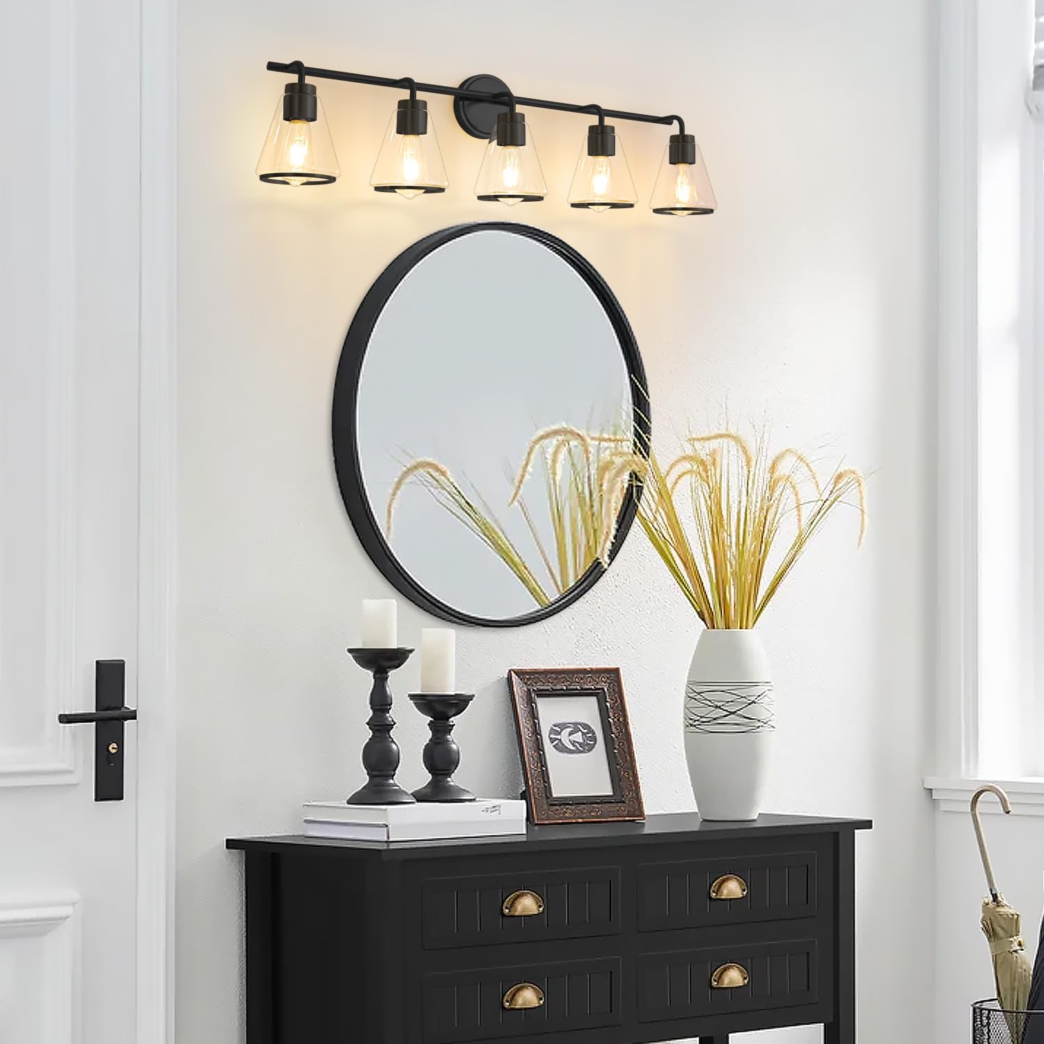 Nadosa Bathroom Vanity Light 5 Light, Modern Vanity Lighting Fixture For Bathroom, 38.5" Vanity Lights With Clear Glass Shade, Black Bathroom Wall Light Over Mirror, Wall Sconces For Bath