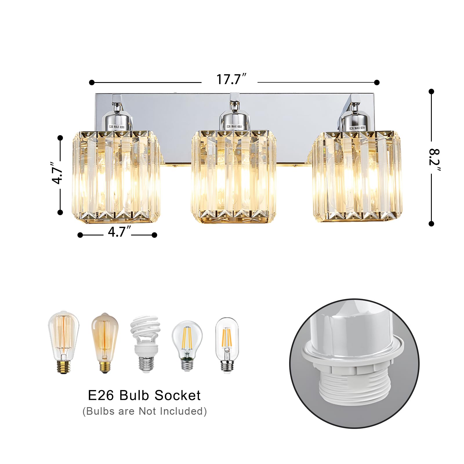 Aixialin Modern Bathroom Vanity Light 3-Light Chrome Metal Crystal Wall Sconce Model 600-100-1019