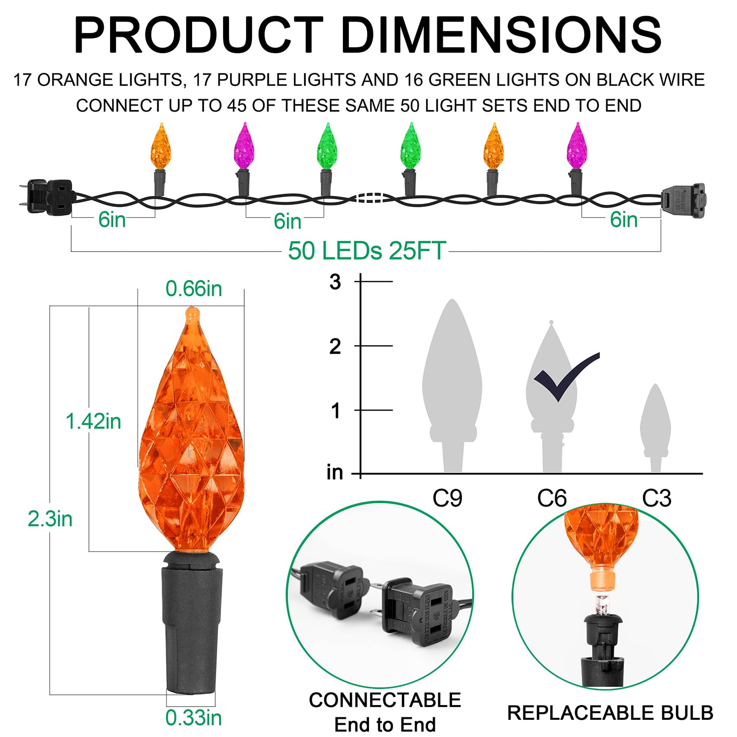 BOHON LED Fairy Lights String, 50 Orange Purple Green C6 Lights, 25ft Waterproof, Black Wire, Model BH-KLC6D50L