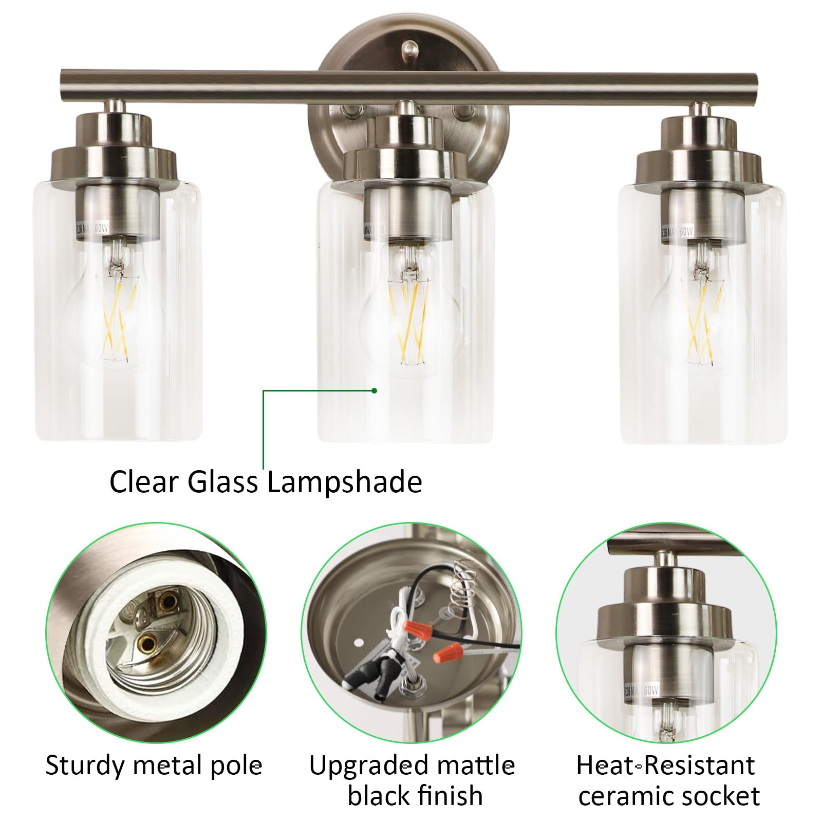 DINGLILIGHTING 3-Light Bathroom Light Fixtures, Brushed Nickel, Glass Shade, Model DINGLILIGHTING, Upgrade Size