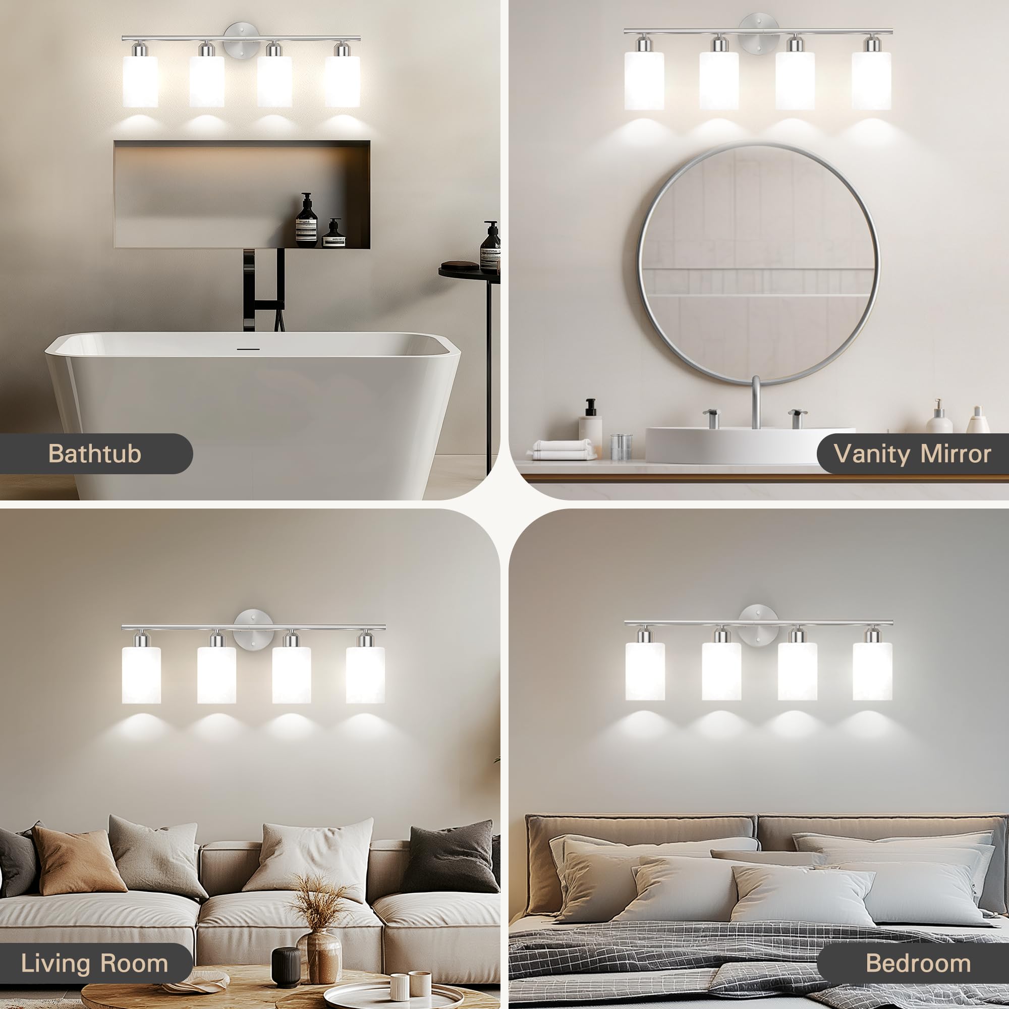Espird Brushed Nickel Bathroom Vanity Light Fixtures, 4 Lights, Textured Frosted Opal Glass Shades, Model L01-4-NL-W