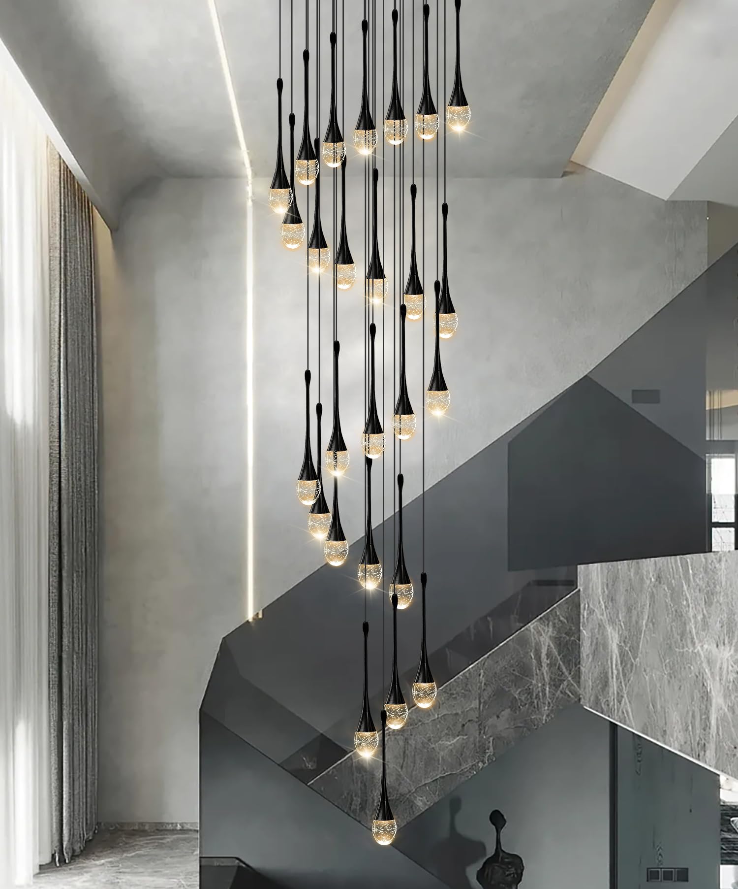 ykolupty 138" Long Spiral Crystal Chandelier, 26-Lights, Gold Raindrop Design, LED Dimmable, Model TP0038-26H, Black