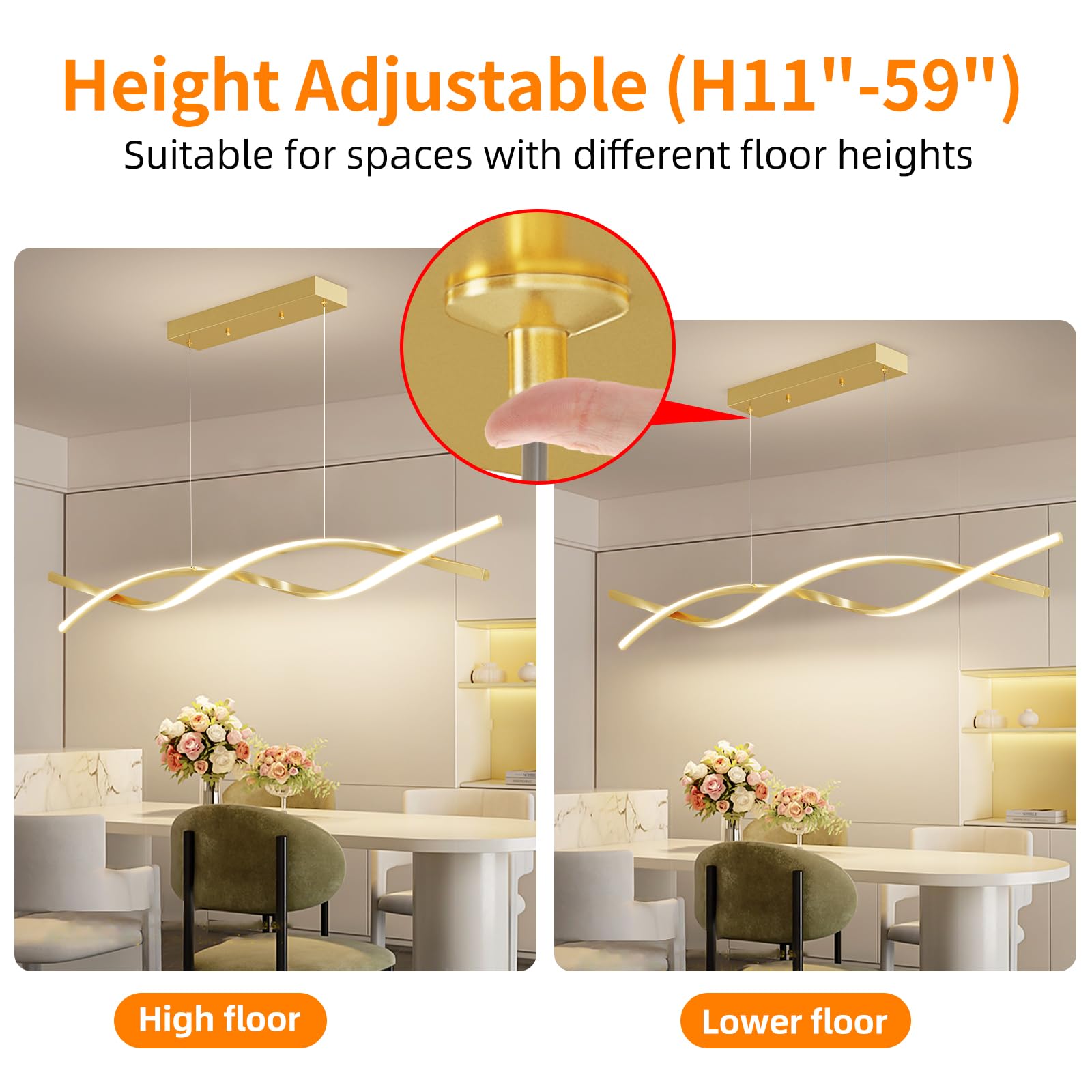 Mikeru Modern Gold Ceiling Pendant Light, 57in Aluminum Chandelier with Remote, Adjustable Color Temperature, D-Gold