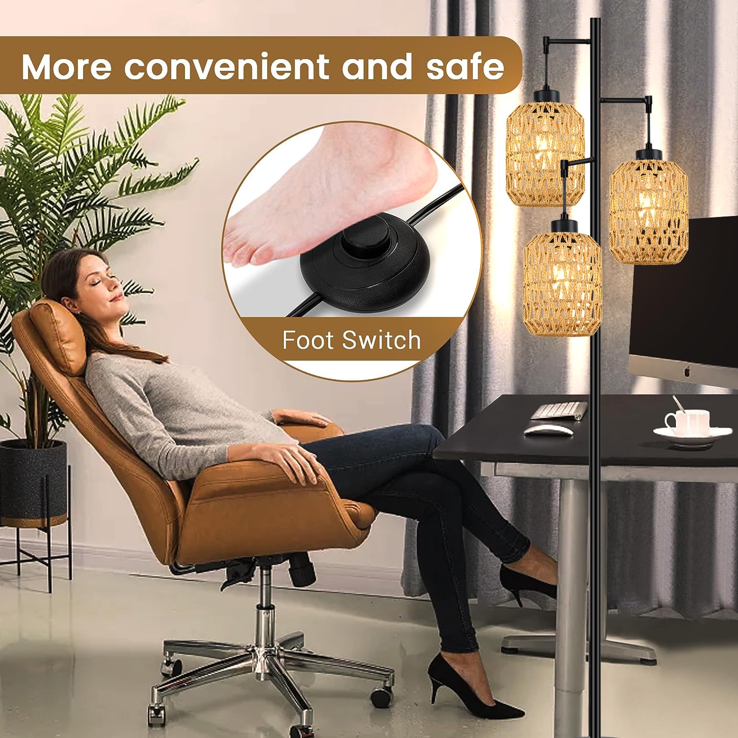 Qiyizm Floor Lamp For Living Room,Bedroom,Boho Rattan Tree 3 Lights Farmhouse Floor Lights,Industrial Black Standing Lamp Wicker