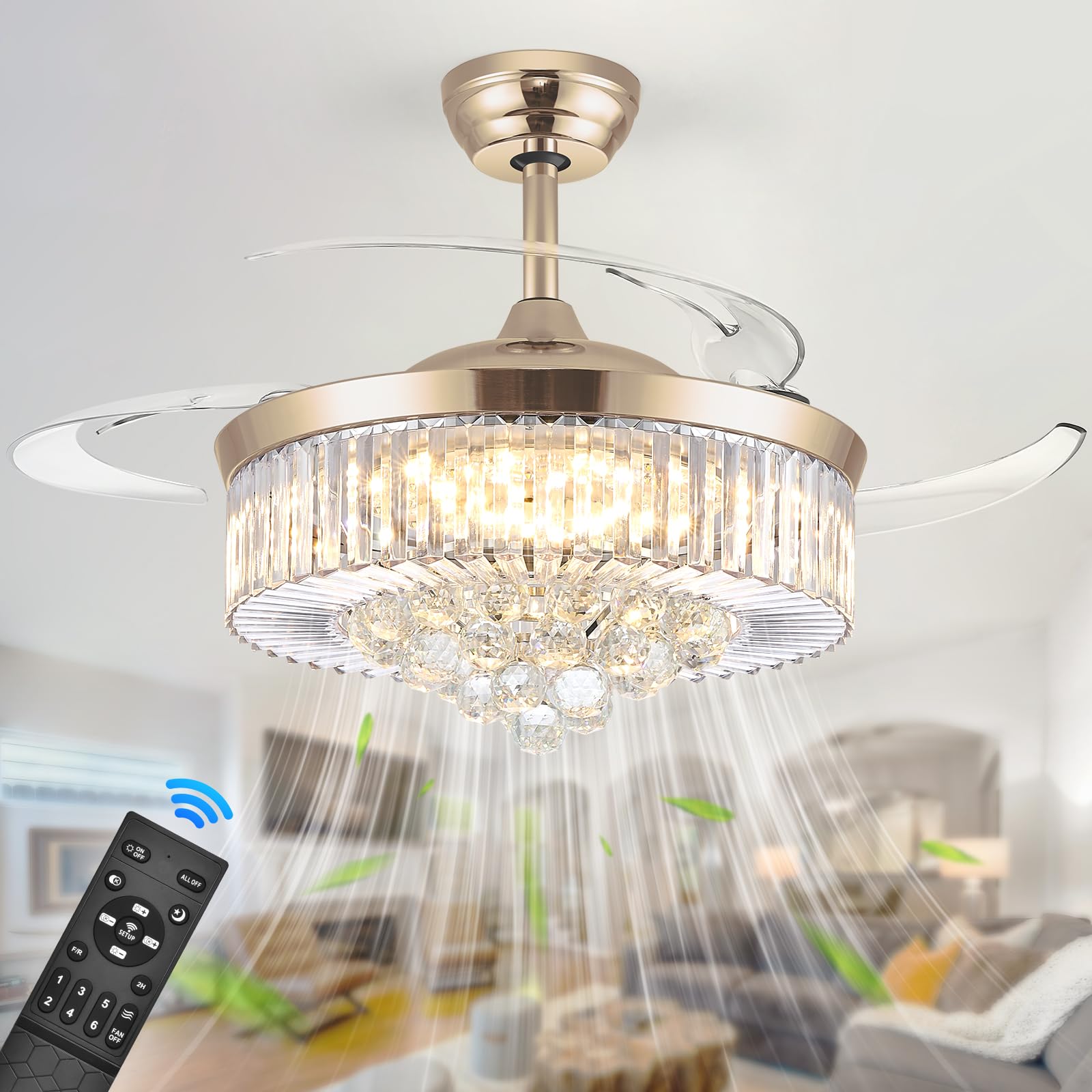 WWahuayuan 48in Modern Chandelier Ceiling Fan, Crystal Light, Remote Control, 6 Speeds, Gold, Model HYGX02GD-48