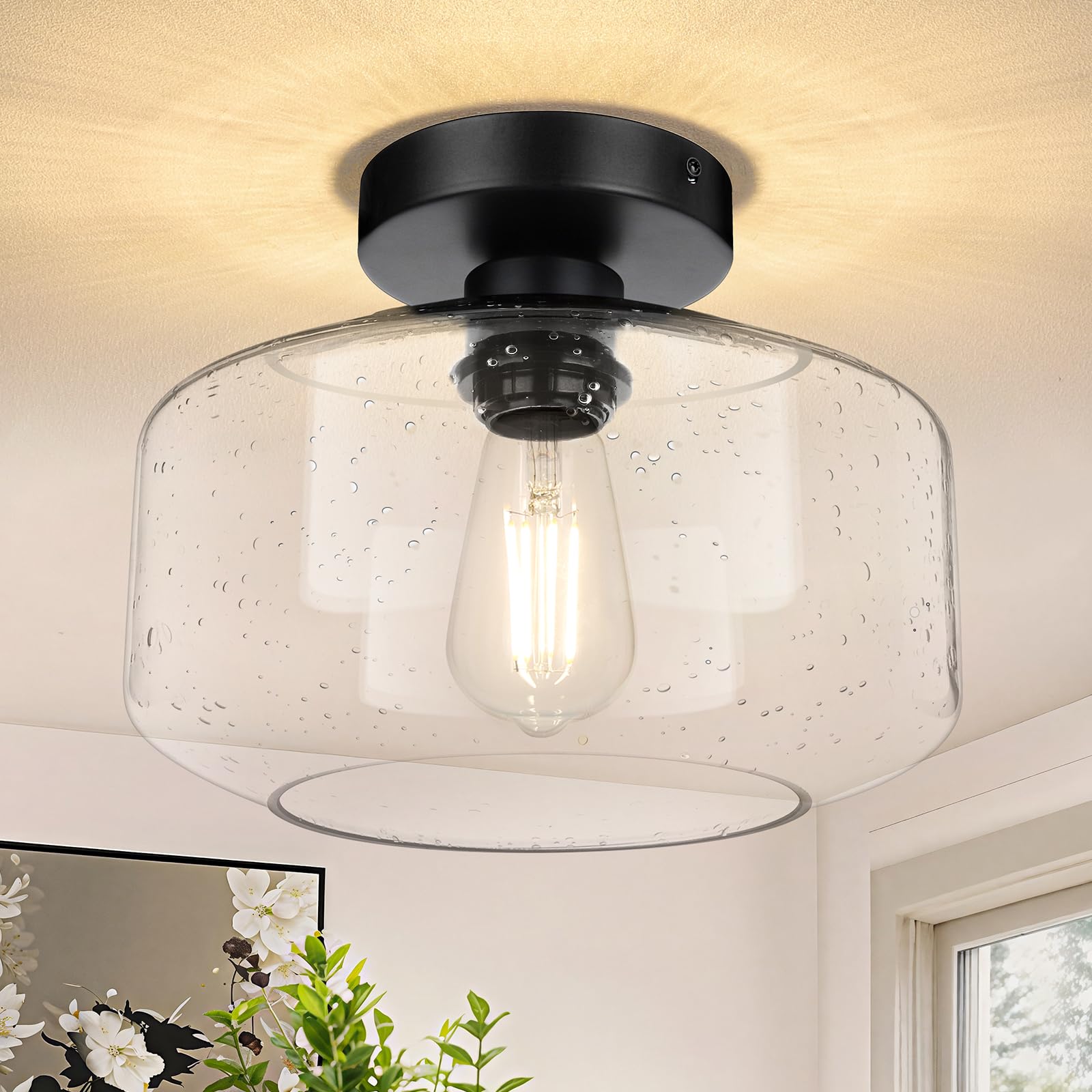 Sunrider Industrial Semi-Flush Mount Ceiling Light Fixture, Seeded Glass Lamp Shade, Black Metal Farmhouse Lights For Hallway Ki