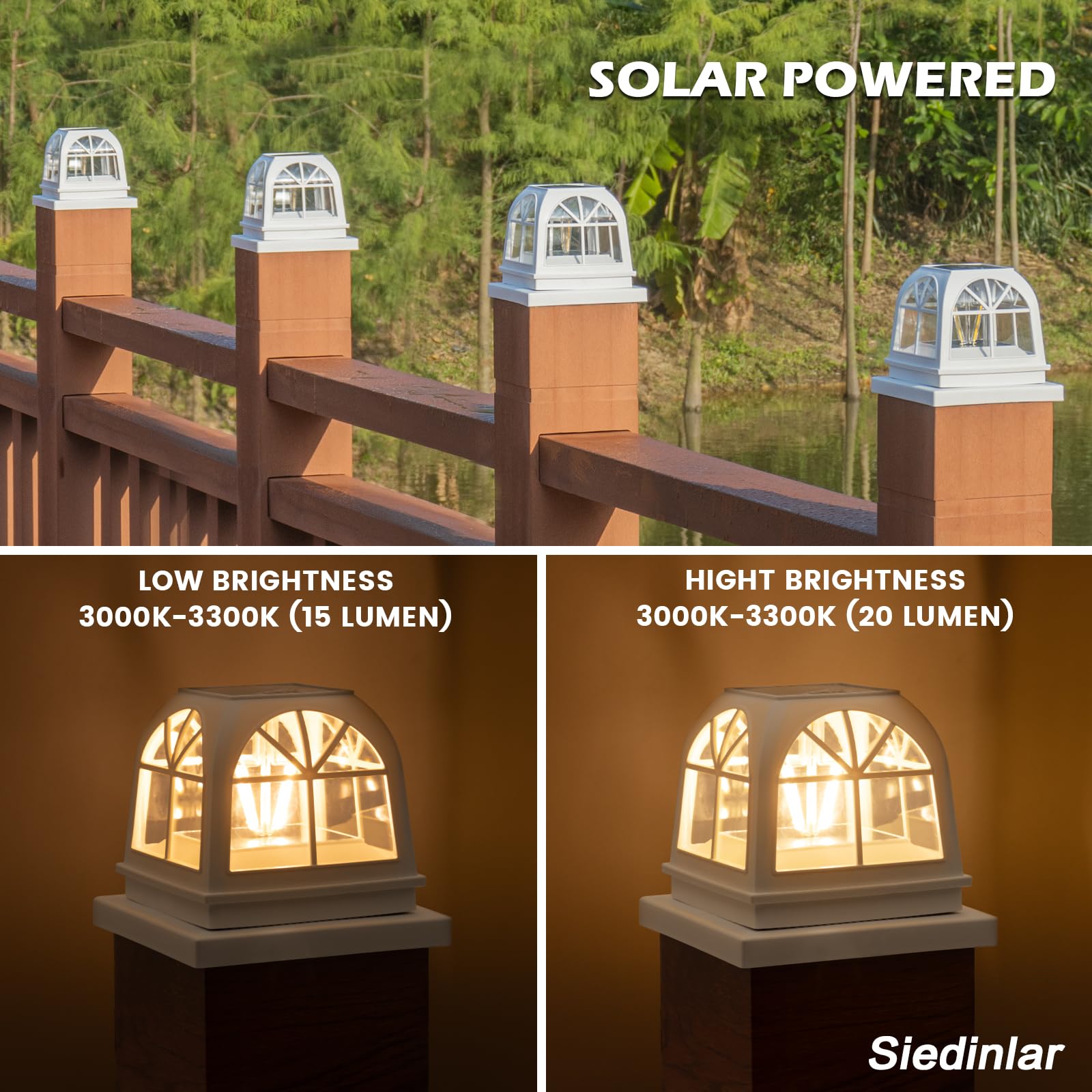 Siedinlar Solar Post Cap Lights Outdoor Fence Deck Post Light 2 Brightness Edison Led Bulbs For 4X4 5X5 Wooden Vinyl Posts Patio Decoration  Warm White Lighting 4 Pack (White)