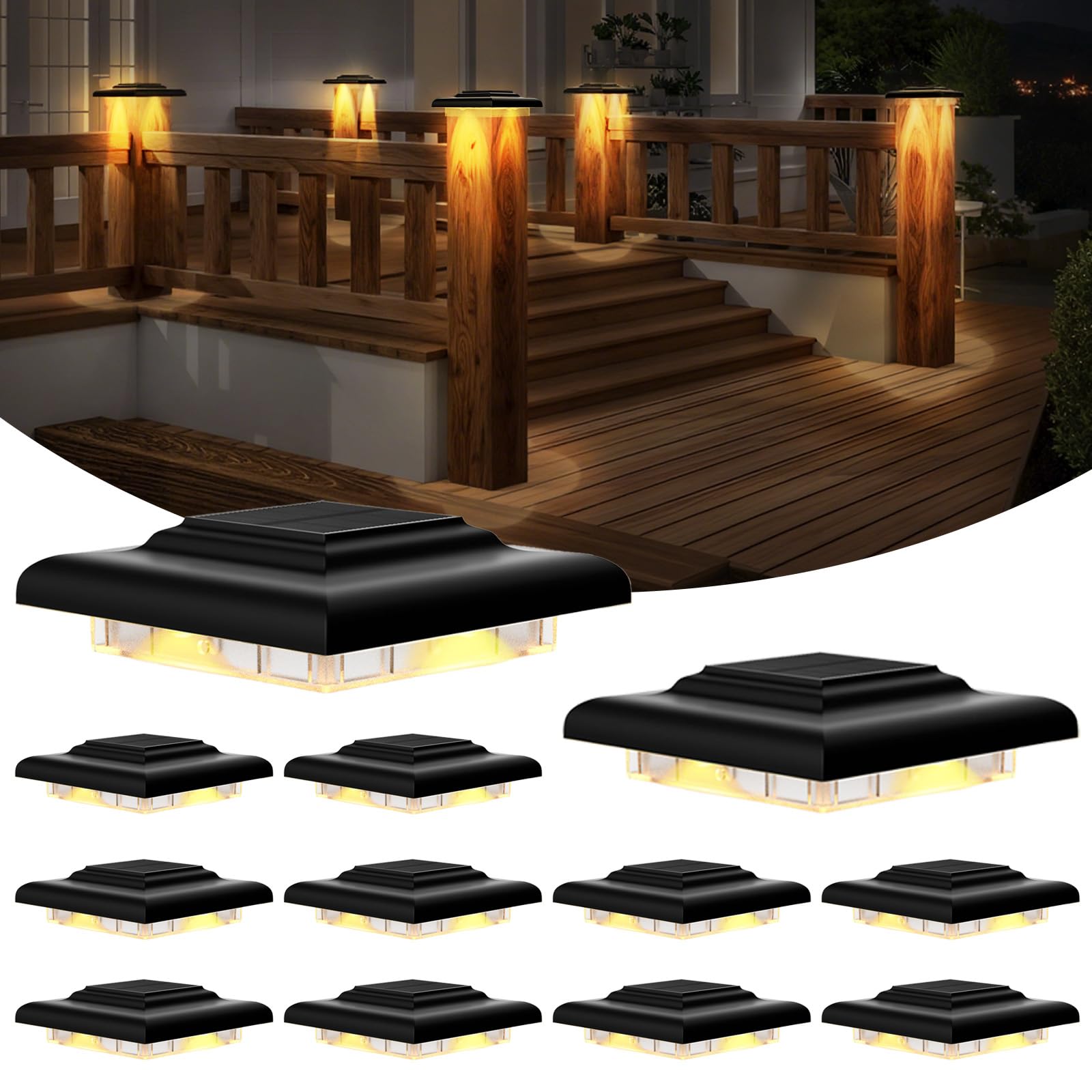 T-SUN Solar Post Cap Lights 4x4, Deck Post Solar Powered Lights 12 Packs, IP65 Waterproof Outdoor for Stairs Steps, Railings, Vi