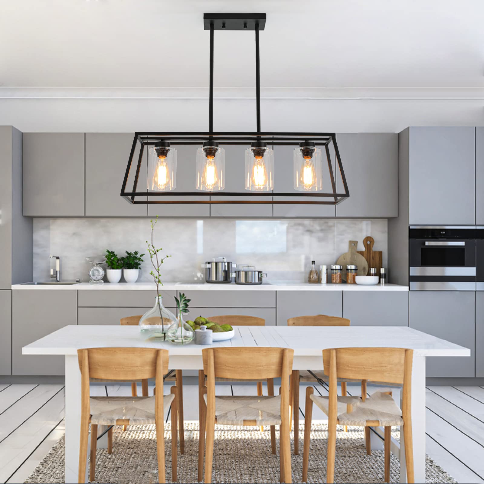 Senyshilon Black Farmhouse Chandelier, 4-Light Linear Pendant Lamp, Glass Shade, Kitchen Island Light Fixture, Model S8833-L4 1