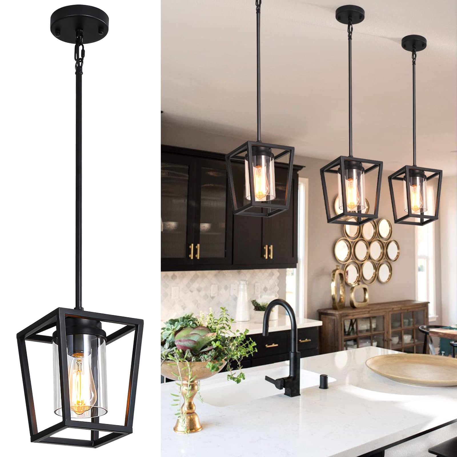 Sglfarmty 1-Light Black Pendant Lights Kitchen Island, Farmhouse Cage Metal Hanging Light Fixtures With Glass Shade,Adjustable Lantern Pendant Lighting For Dining Room, Entryway, Hallway