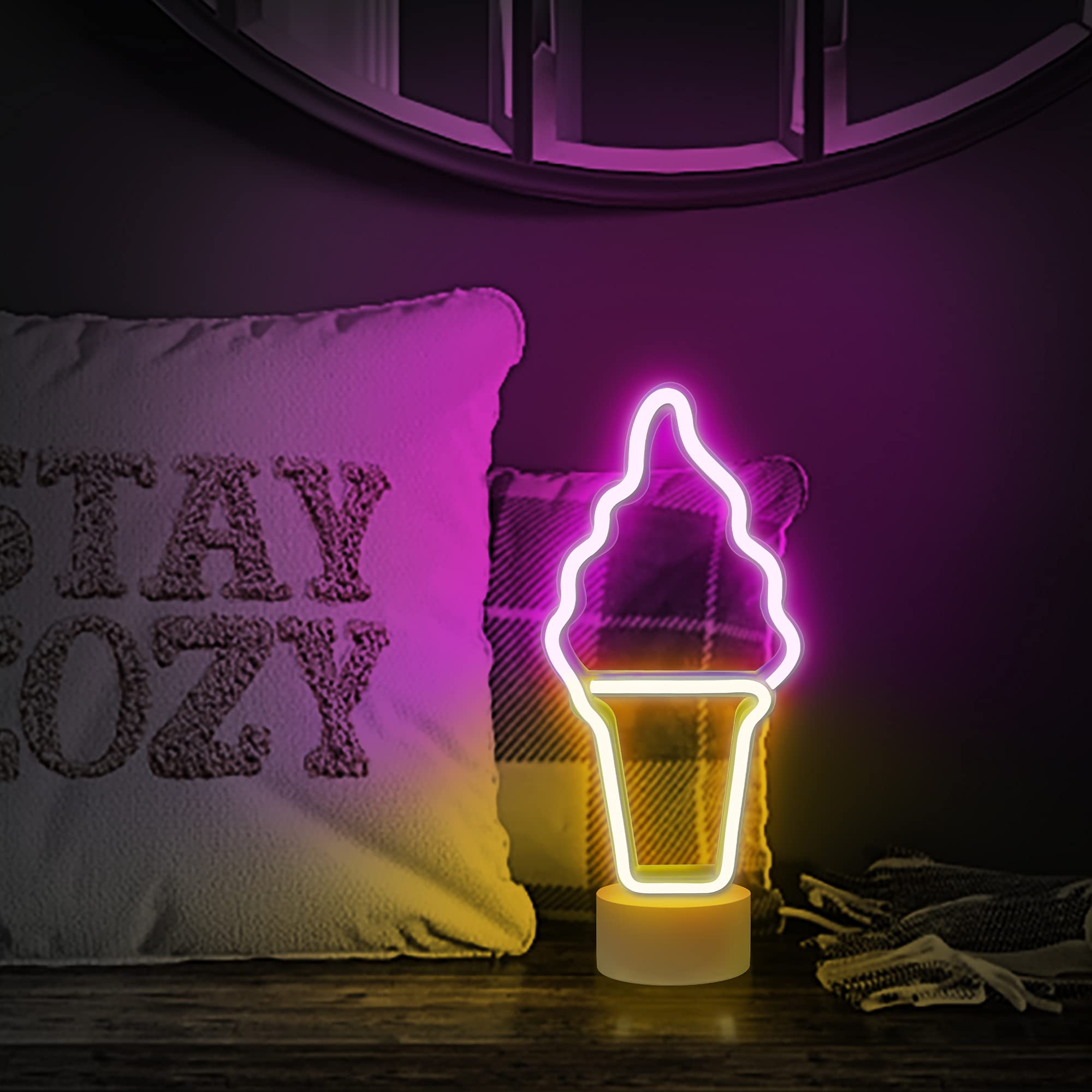 Lumoonosity Ice Cream Neon Sign - Ice Cream Neon Lights For Bedroom Decorations - Battery/Usb Powered Ice Cream Shaped Night Lig