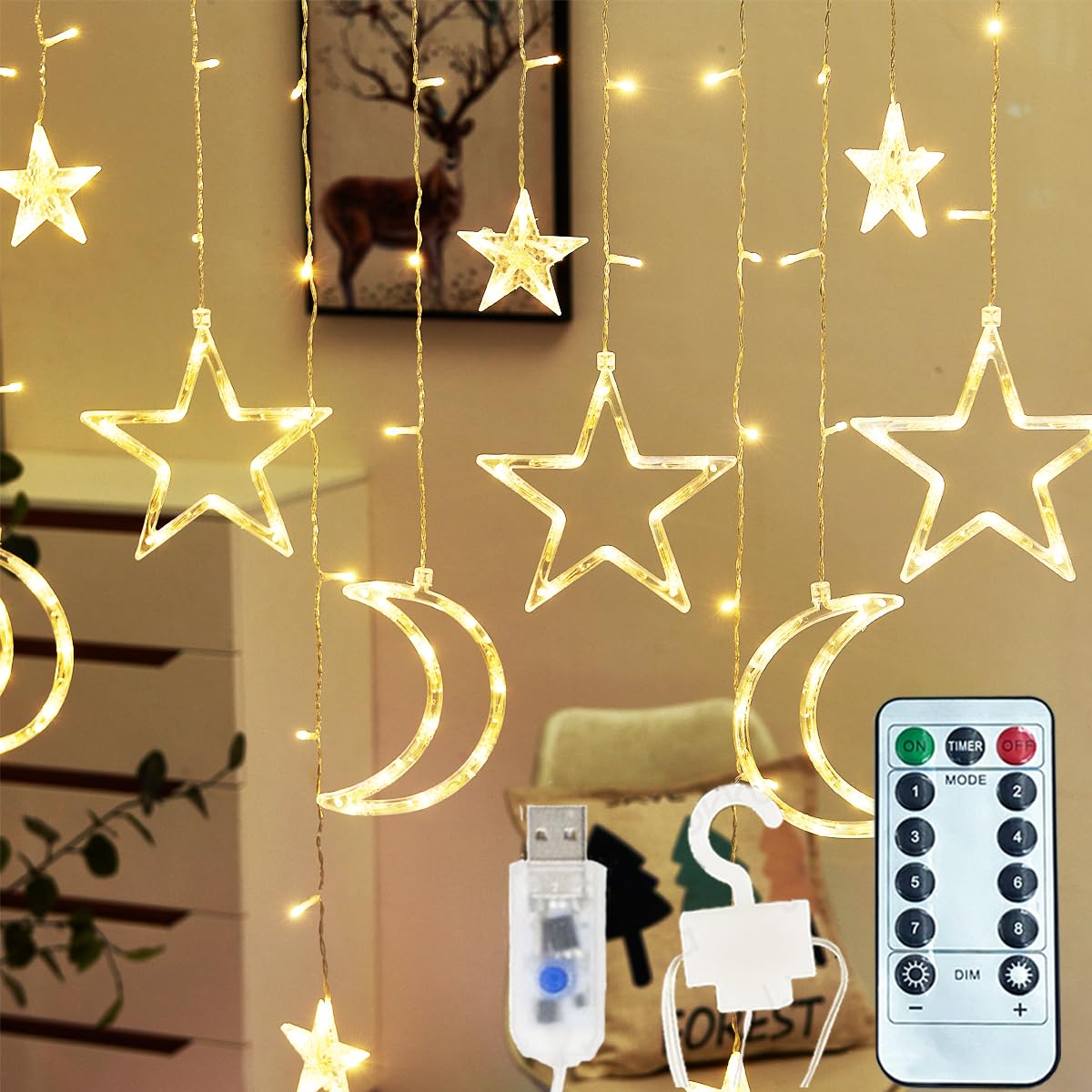 ALFEUND 7.5ft Decorative Starry String Curtain Lights Moons and Stars LED Night Light for Home Decoration Party,Remote Control USB Powered