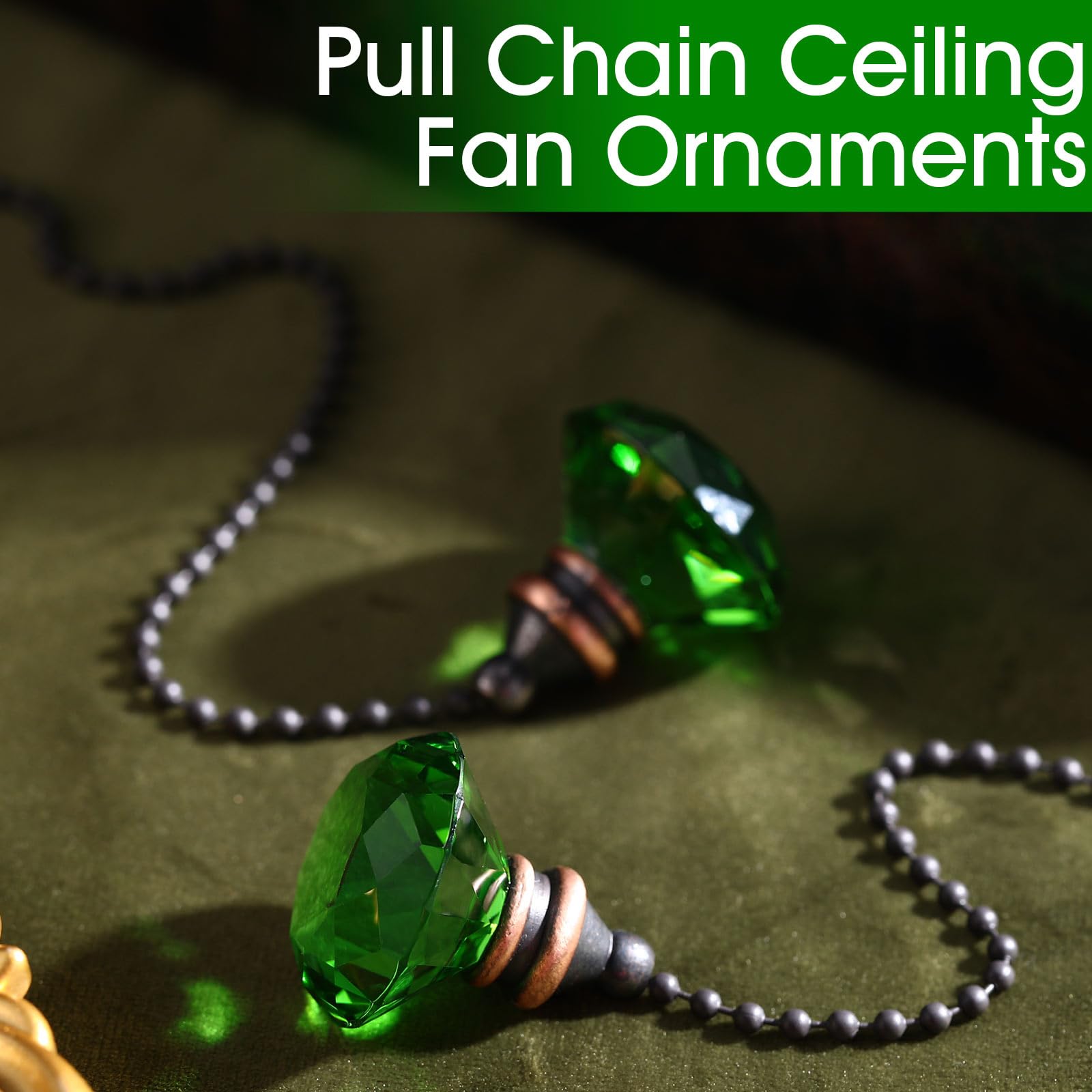 JOVITEC 2 Pieces Pull Chain Ceiling Fan Ornaments Light Crystal Pull Chain Extension Decorative, 1 Meter Long Each(Green Color)