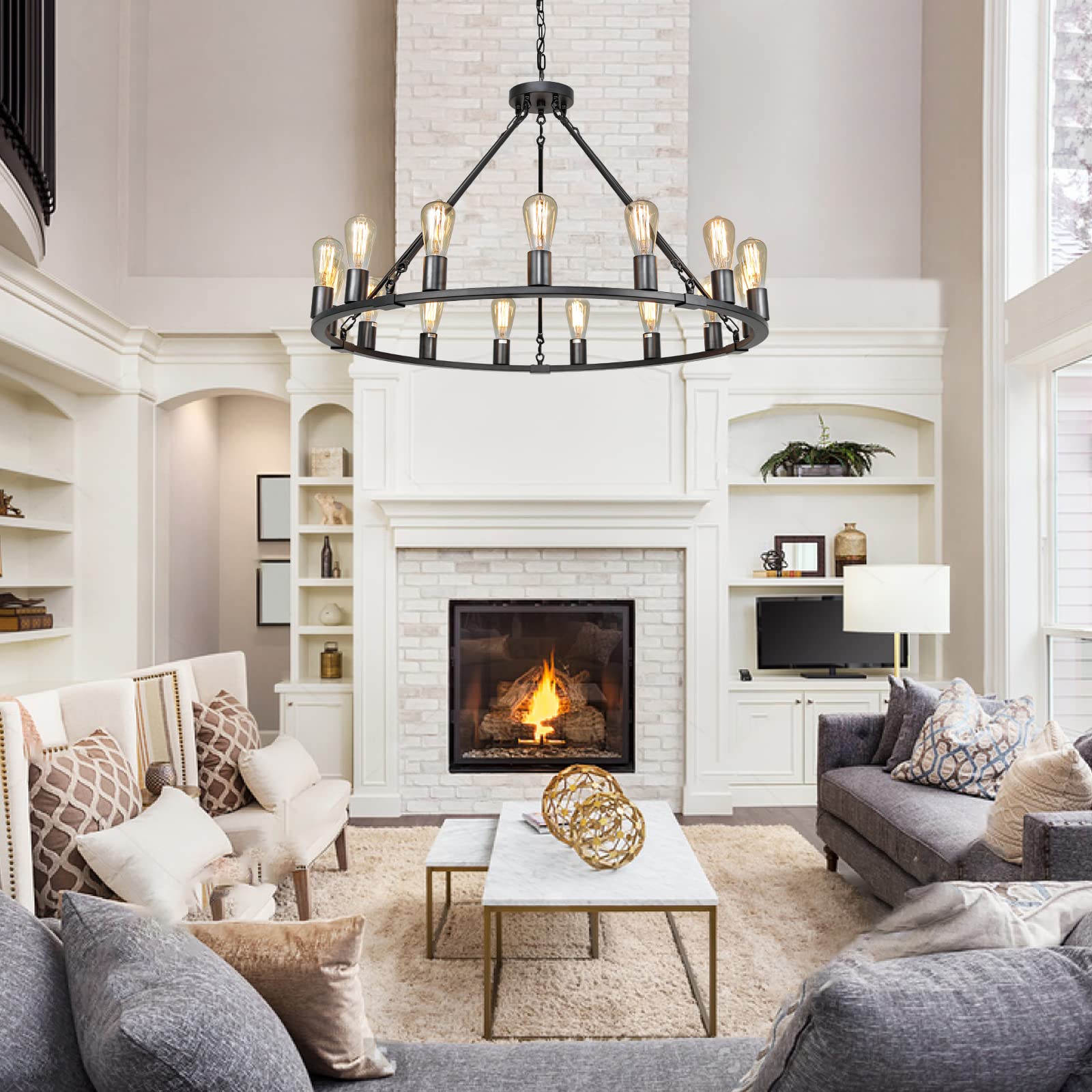 Senyshilon 15-Light Black Wagon Wheel Chandelier For Dining Room, 40'' Industrial Light Fixture