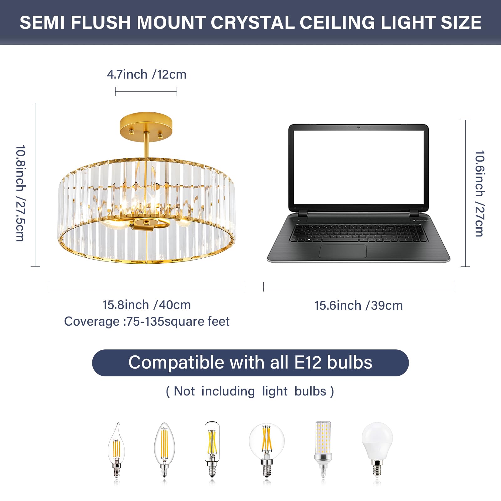 Violoemi Modern Gold Semi Flush Mount Ceiling Light Crystal 3-Light Light Fixture 15.75 Inch Kitchen Ceiling Lighting For Living Room Bedroom Dining Room Bathroom Entryway (Bulb Not Included)