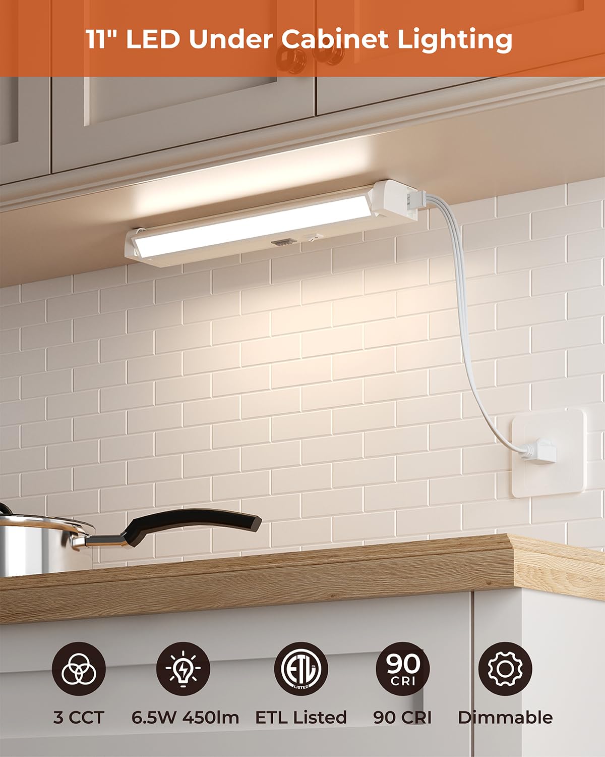 Matane Dimmable LED Under Cabinet Light, 11" White, 3CCT, 6.5W, ETL Listed, Hardwired/Plug-in, Model FOR-31UC