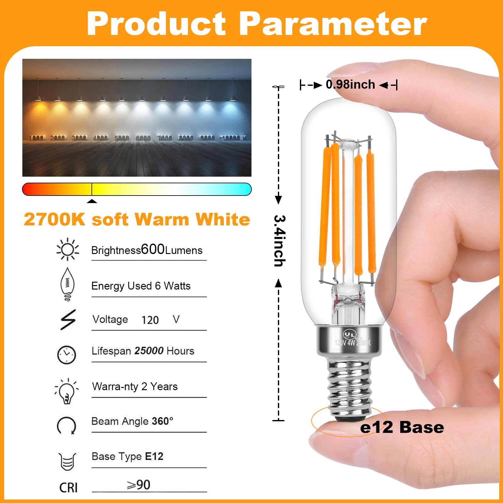 Porbench E12 Led Bulb, 6W E12 Bulb Dimmable (60W Equivalent) With Soft Warm White 2700K, Candelabra Light Bulbs With 90+ Cri, No