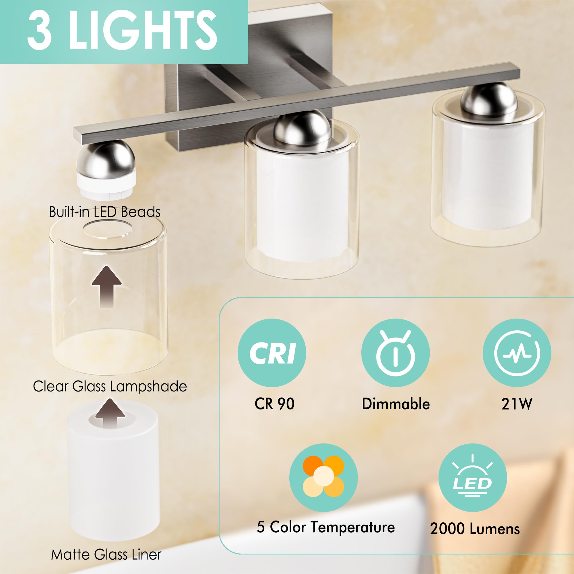 Quntis 3 Light Brushed Nickel Bathroom Light Fixtures, LED Vanity Lights Over Mirror, Model QNT-3L-BN-VL, Milk White Frosted Glass