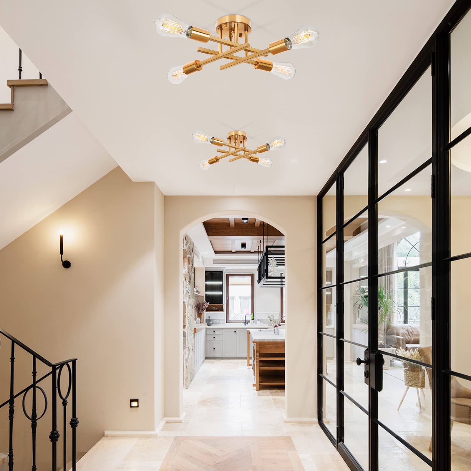 Sunrider 2-Pack Industrial 4-Light Semi Flush Mount Ceiling Light Fixture, Farmhouse Lighting Brushed Golden, Indoor Gold Retro