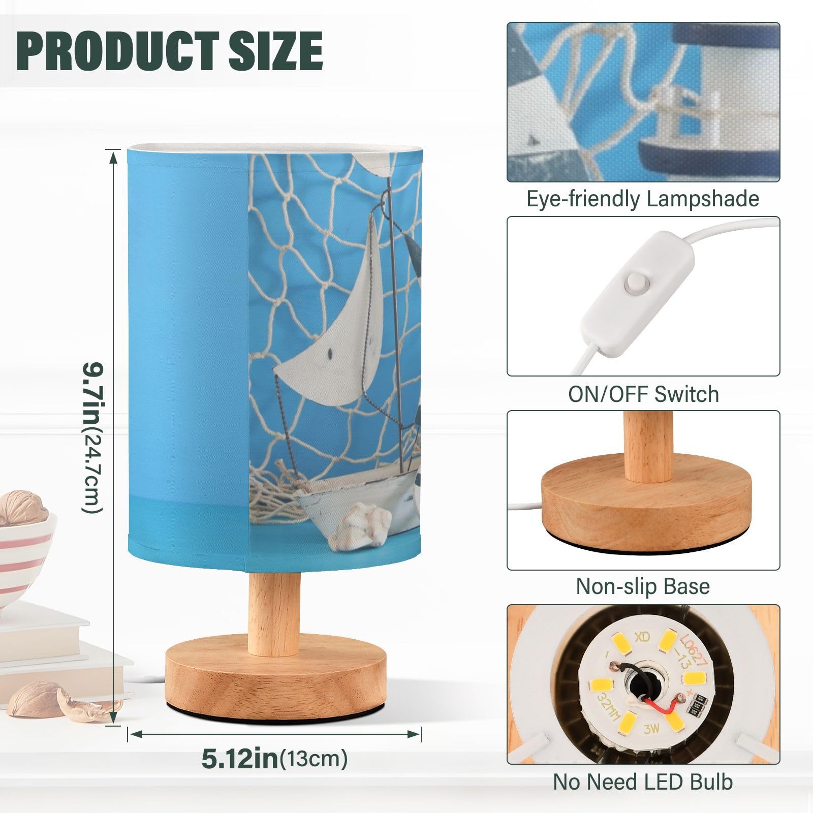 Yyzzh Table Lamp Nautical Sailboat Lighthouse Starfish Seashell Fishnet Blue Wood Nightstand Lamp With Wood Base Fabric Lamp Sha