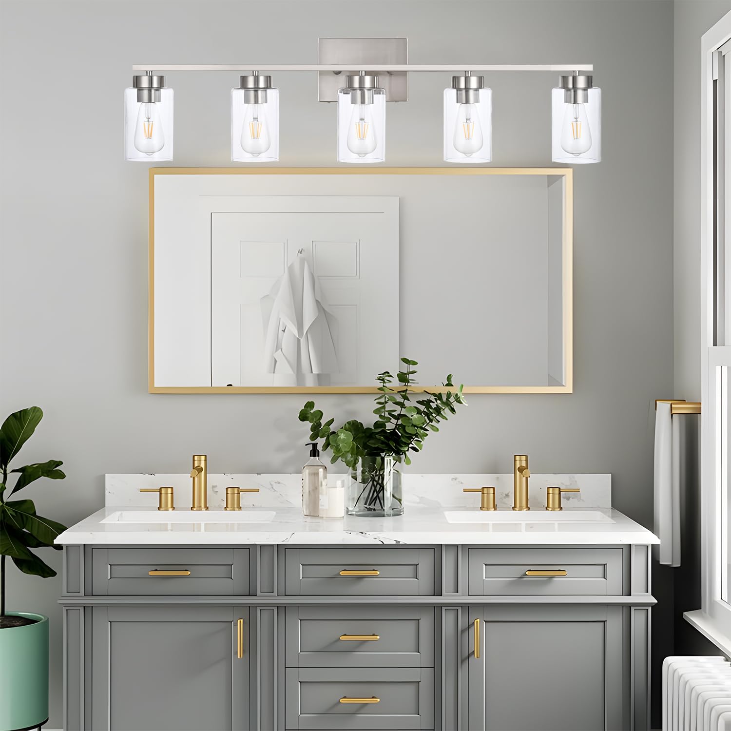 A1A9 5 Light Bathroom Vanity Light Fixture, Brush Nickel, Metal, Clear Glass Shade, Model NF-22406