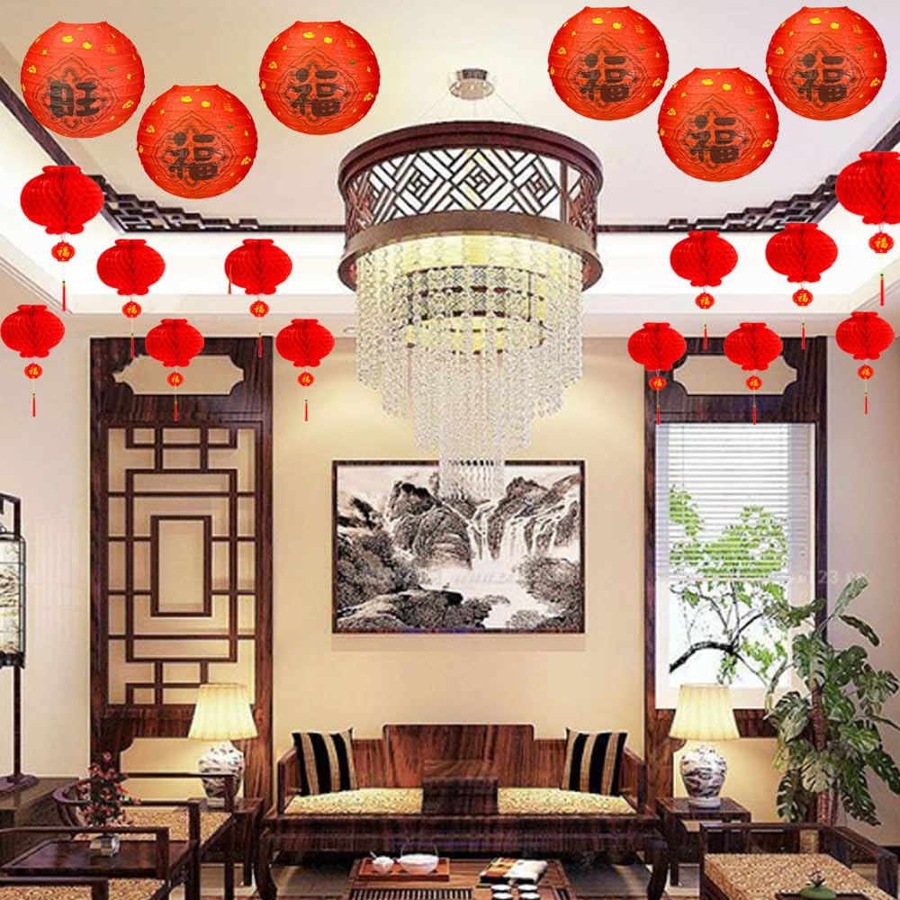 Vilanca 26Pack Chinese Japanese Paper Lanterns Red Lucky Fu Hanging Paper Lantern Decoration, 12In 8In Hanging Lanterns For Asia