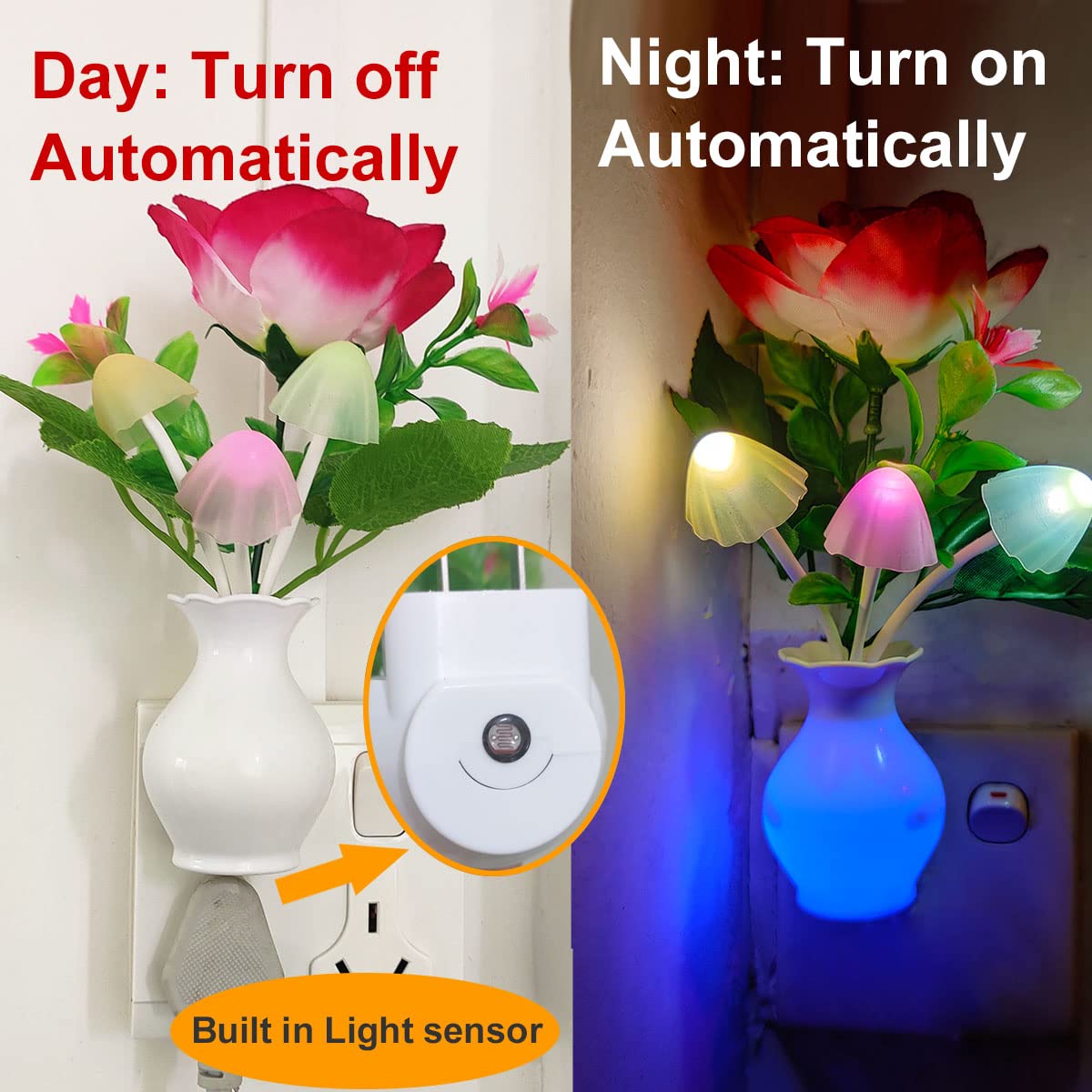 Ausaye 2 Pack Sensor Led Night Light Plug-In Nightlight, Color Changing Mushroom Light Rose Flower Night Lights For Kids Adults
