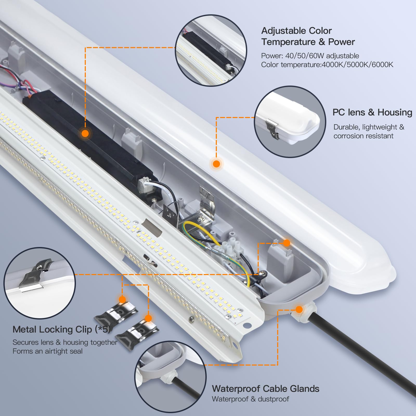Jtt 4Ft Led Vapor Tight Light, 60W/50W/40W Ip65 Waterproof Led Outdoor Shop Light 6000K/5000K/4000K Cct, Vapor Proof Fixture For