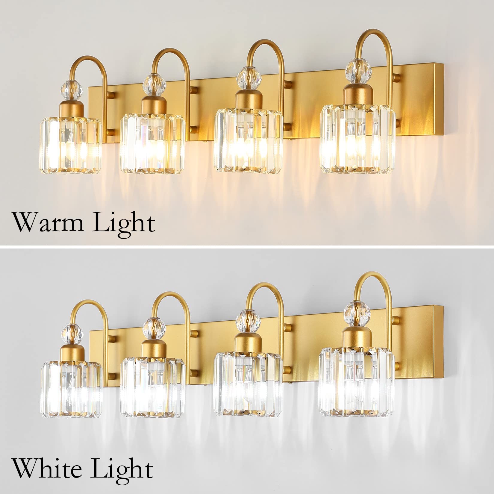 Ralbay 4-Light Gold Crystal Vanity Lights - Modern Bathroom Wall Lighting Fixture, Round-Gold, Model 8600