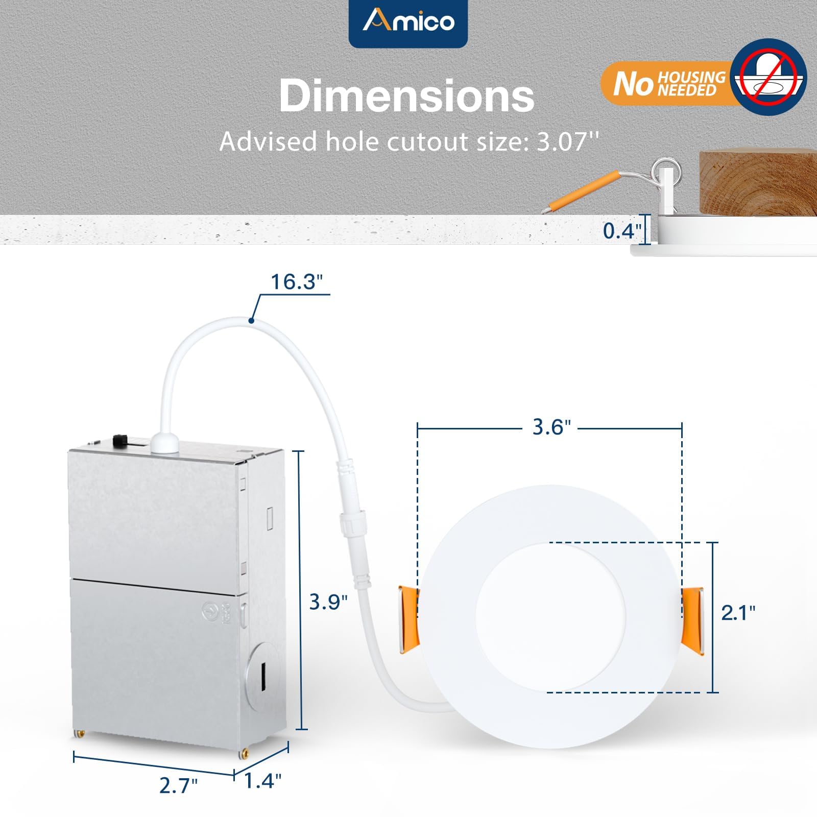 Amico 6 Pack 3 Inch 5Cct Ultra-Thin Led Recessed Ceiling Light With Junction Box, 2700K/3000K/3500K/4000K/5000K Selectable, 7W E