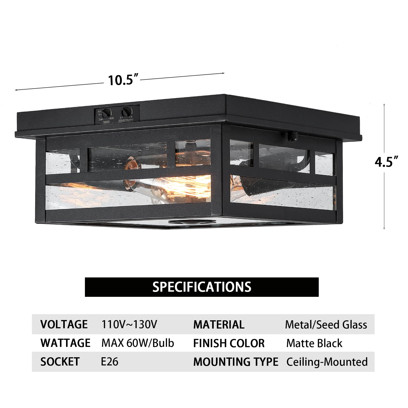 Calokes Outdoor Flush Mount Motion Sensor Ceiling Light - Timeless Industrial Design With Seeded Clear Glass For Your Porch, Dri