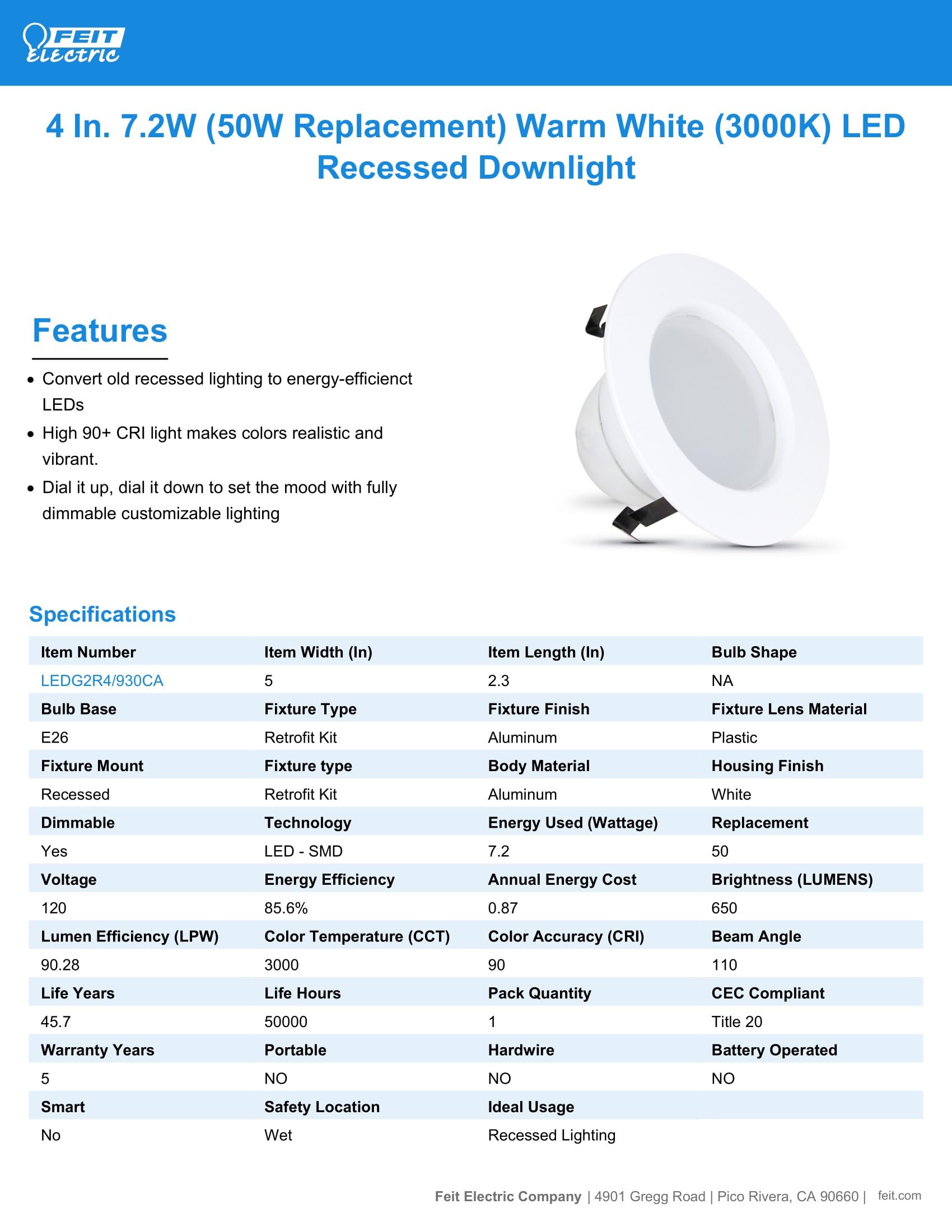 Feit Electric Led 4 Inch Recessed Lighting, 50W Equivalent, Dimmable Retrofit Downlight, E26 Adaptor For Recessed Can Lights, 50,000 Hour Lifetime, 650 Lumens, 3000K Bright White Ledg2R4/930Ca