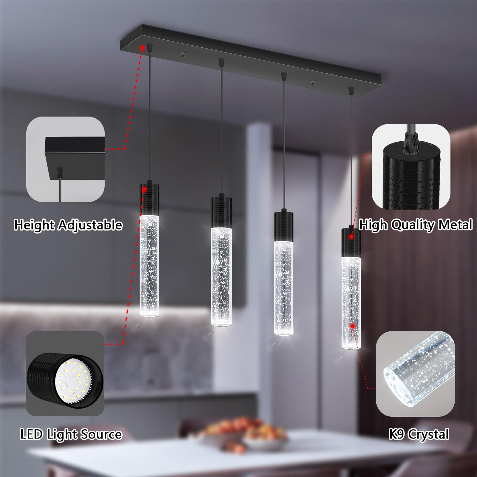 dolria 4-Lights Mini Modern Crystal Chandelier, Black LED Ceiling Light for Kitchen, Dining Room & Bedroom, Model PC0019-4Tchang-B