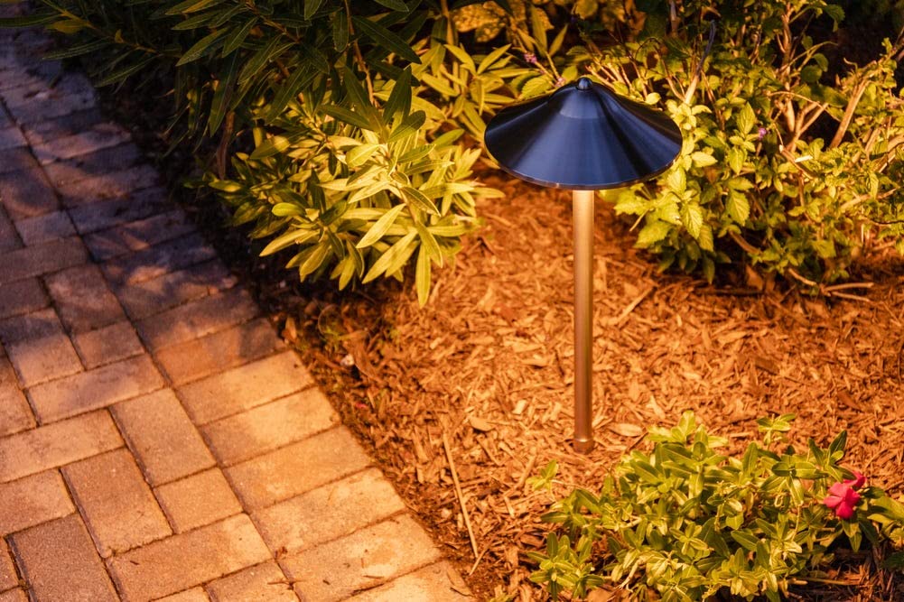 Volt Max Spread 12V Stainless Steel Path Light (25'' Tall, 9'' Shade) For Low Voltage Landscape Lighting On Outdoor Pathway, Wal