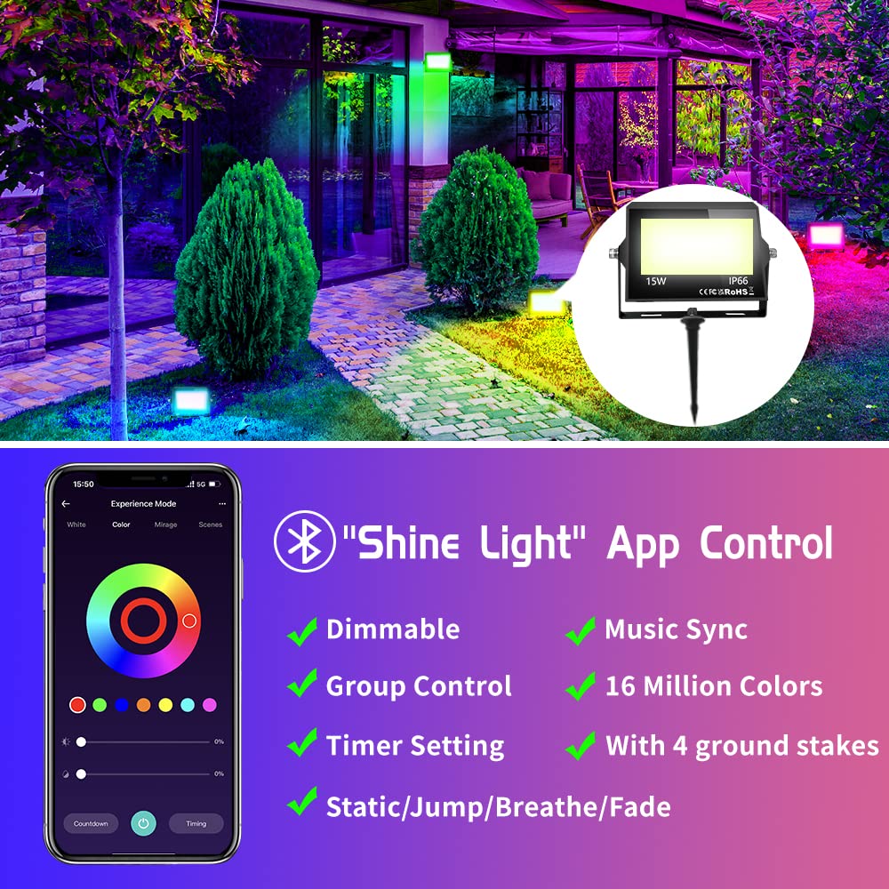 4 Pack Rgb Led Flood Light With Stake, Outdoor Diy Color Changing Stage Party Lights 150W Equivalent 2700K-6500K White Light Dimmable Rgb Colored Spotlighs Uplight For Events By App Control