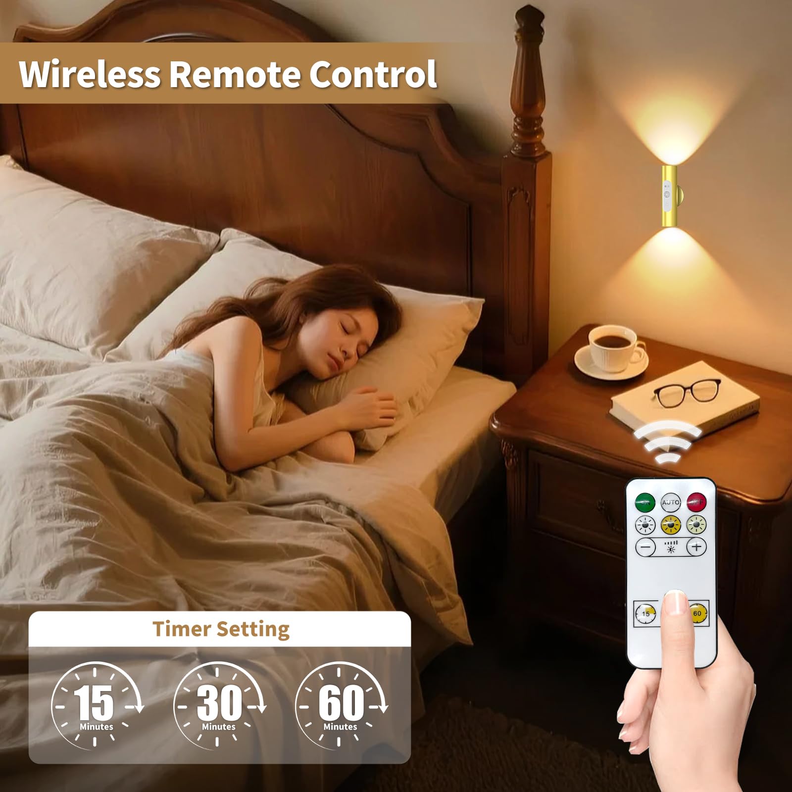 WOBSION Motion Sensor Wall Light, Rechargeable, 3 Color Modes, Aluminum, Gold, 2 Pack, f1.18*4.37in, Model CL-K67-B